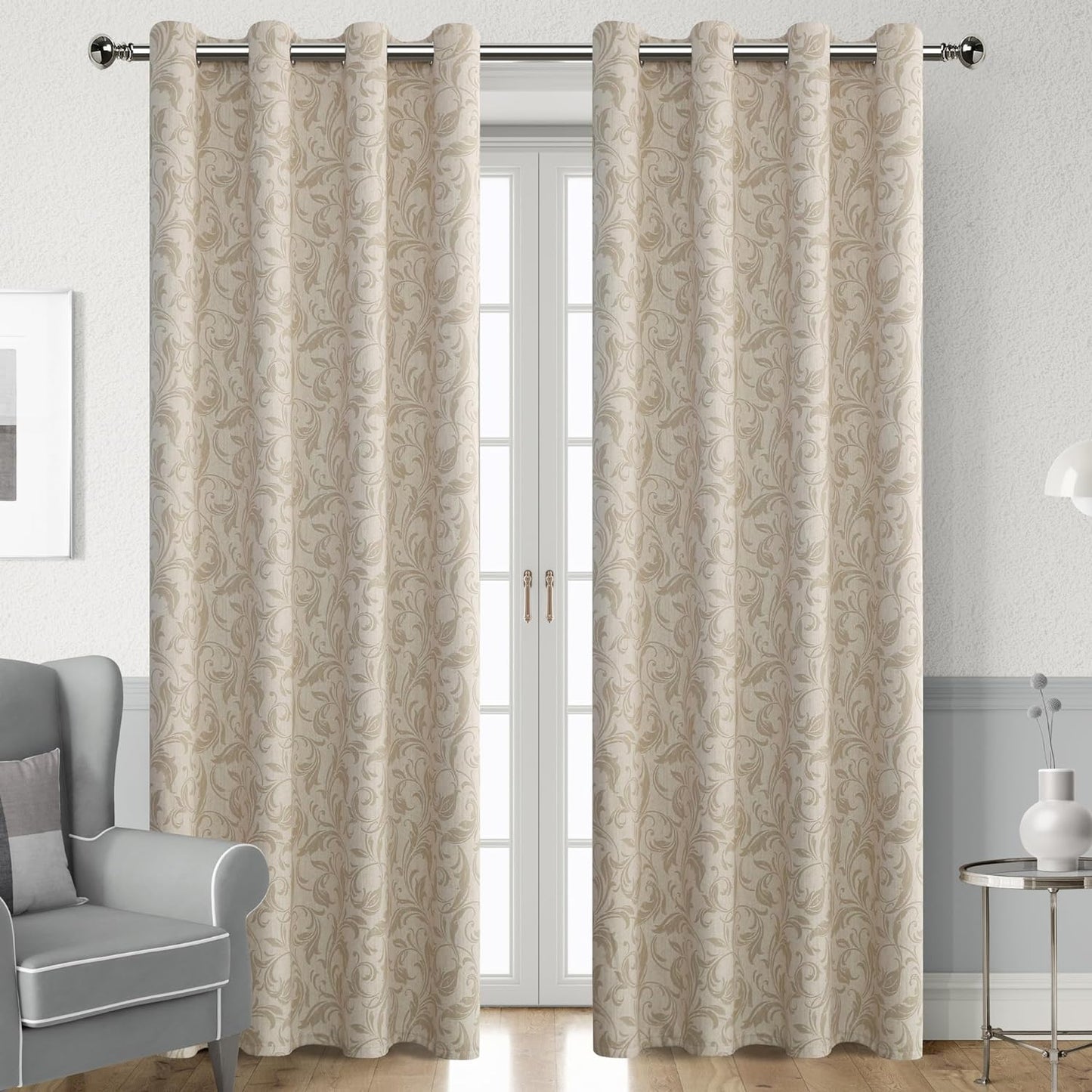 Erbnaryx Vintage Curtains for Farmhouse Living Room,Window Drapes with Scroll Floral Pattern,80% Blackout Curtains for Bedroom,Grommet Top Thermal Insulated Curtains 52X96 Inch 2 Panels Cocoa Bloom  Erbnaryx   