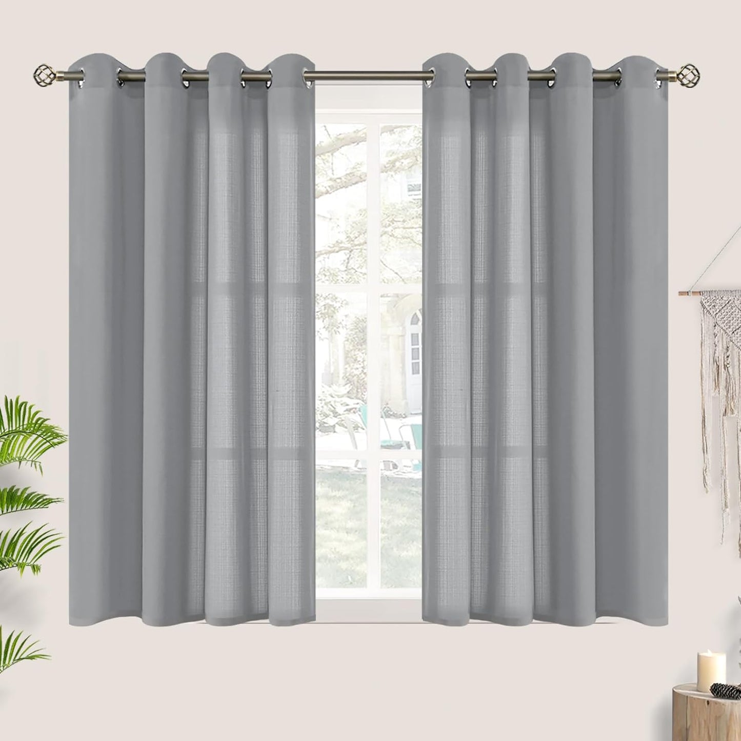 Bgment Natural Linen Look Semi Sheer Curtains for Bedroom, 52 X 54 Inch White Grommet Light Filtering Casual Textured Privacy Curtains for Bay Window, 2 Panels  BGment Grey 52W X 45L 