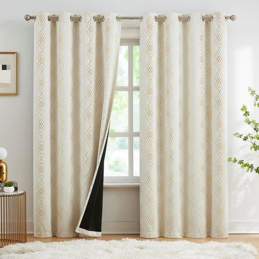 Metallic Geo Blackout Curtain Panels for Bedroom Thermal Insulated Light Blocking Foil Trellis Moroccan Window Treatments Diamond Grommet Drapes for Living-Room, Set of 2, 50" X 84", Beige/Gold  ugoutry Geometric Beige 50"X84"X2 
