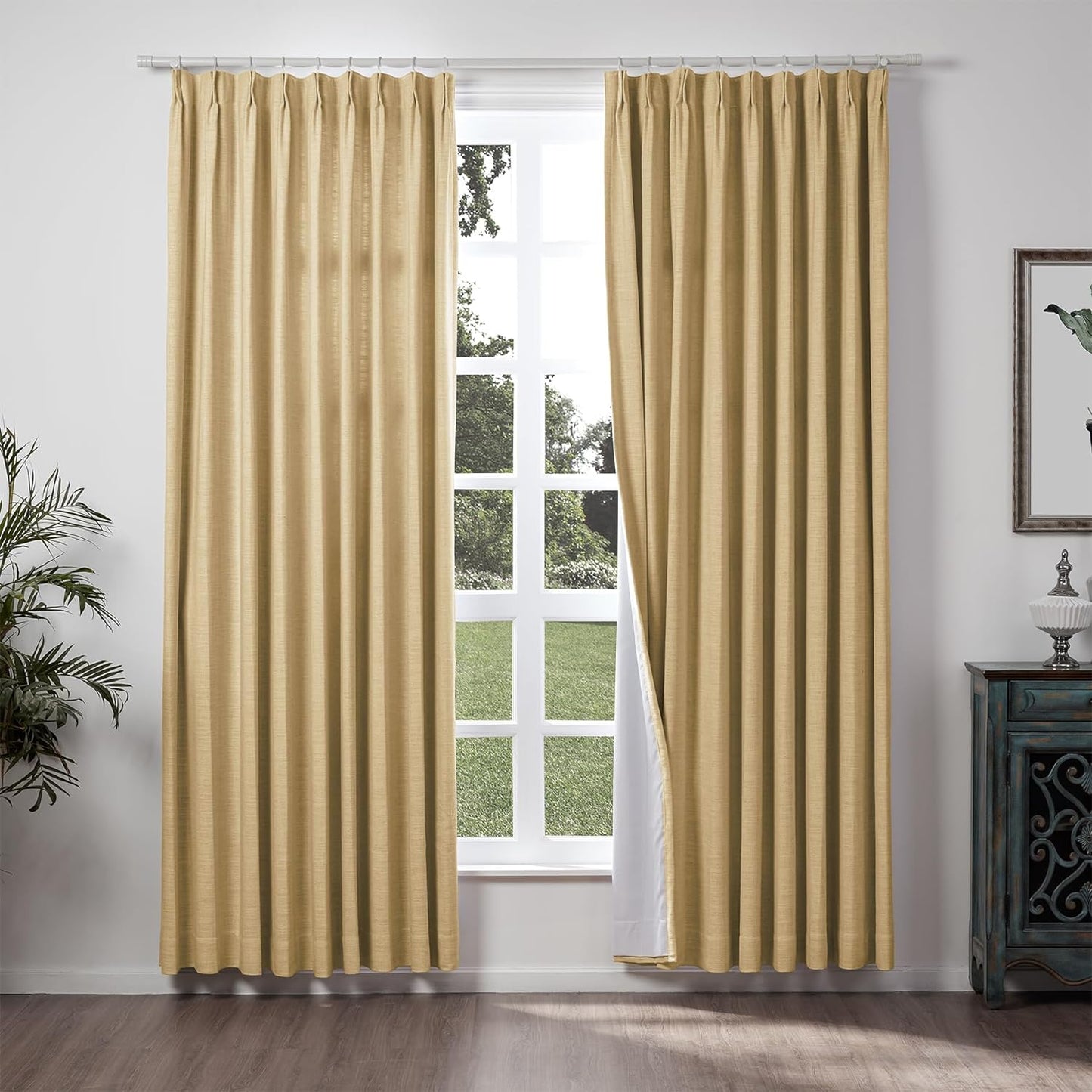 Chadmade 50" W X 63" L Polyester Linen Drape with Blackout Lining Pinch Pleat Curtain for Sliding Door Patio Door Living Room Bedroom, (1 Panel) Sand Beige Tallis Collection  ChadMade Khaki (28) 50Wx96L 