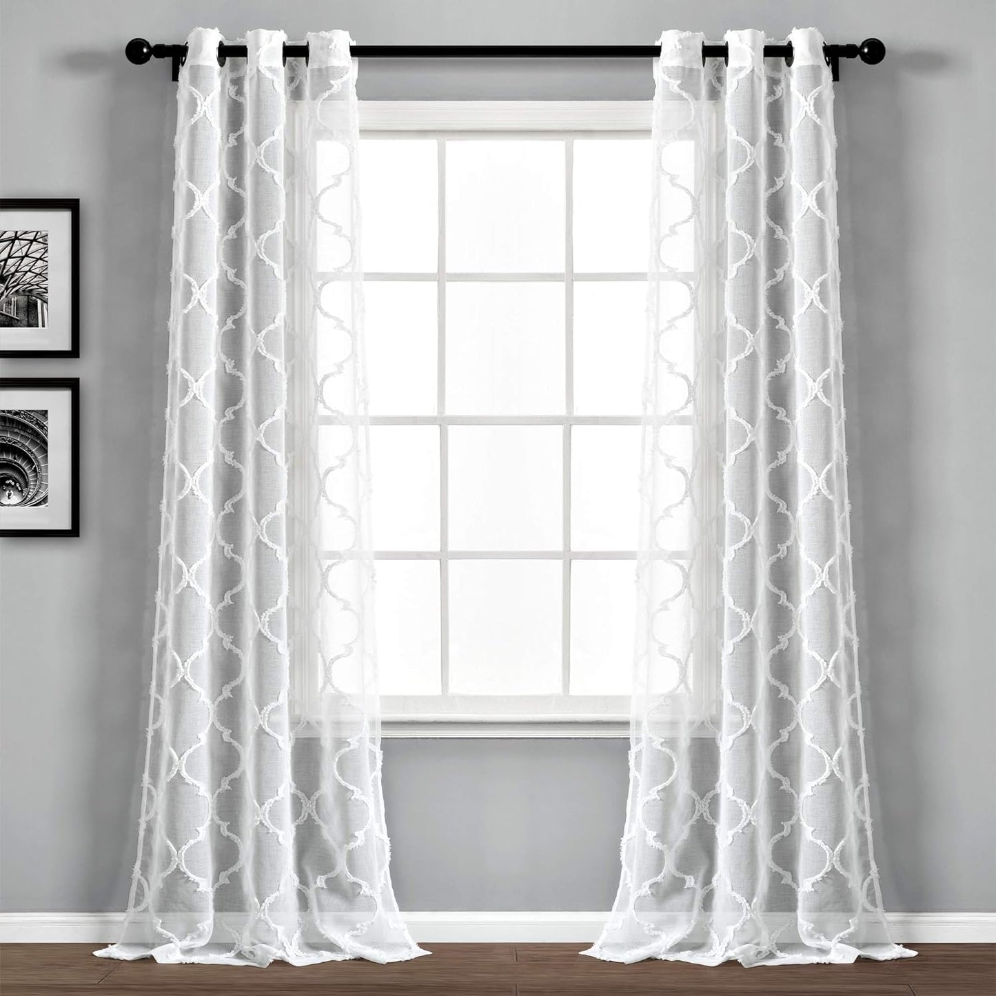 Lush Decor Navy Avon Trellis Grommet Sheer Window Curtain Panel Pair (84" X 38")  Triangle Home Fashions White 38"W X 95"L 