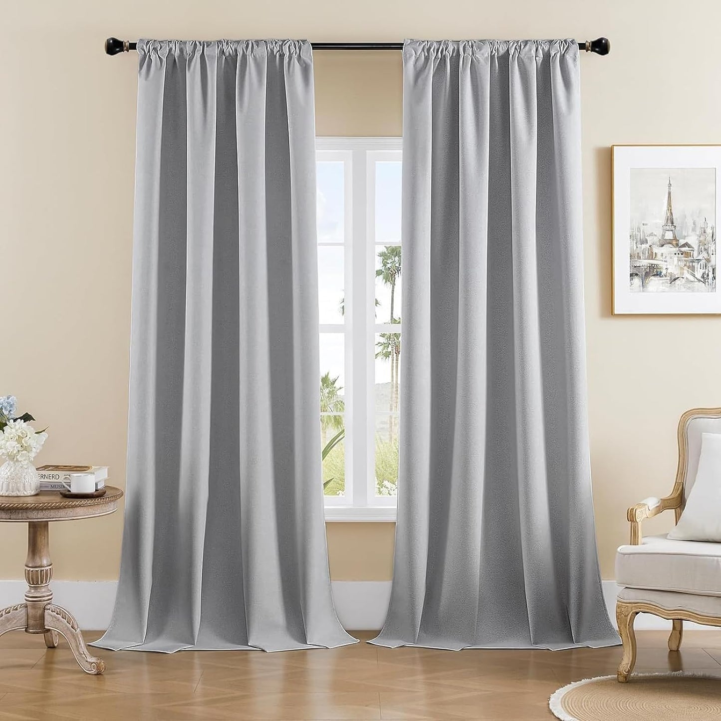 Joydeco Faux Linen Blackout Curtains for Bedroom,Light Grey Blackout Curtains 96 Inches Long,100% Blackout Sound Proof Thermal Insulated Window Drapes Luxury Decor（W52Xl96 Inch,Light Grey）  Joydeco Light Grey 52W X 108L Inch X 2 Panels 
