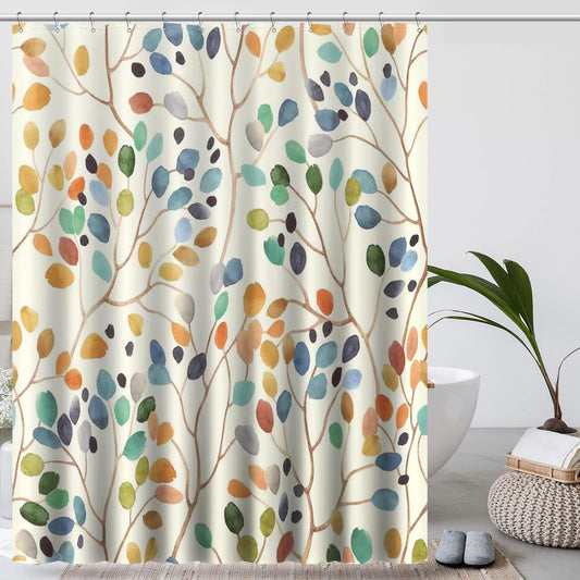 Floral Shower Curtain for Bathroom, Colorful Leaves Curtain Bathroom Decoration, Shower Curtain Set with Curtain Hooks