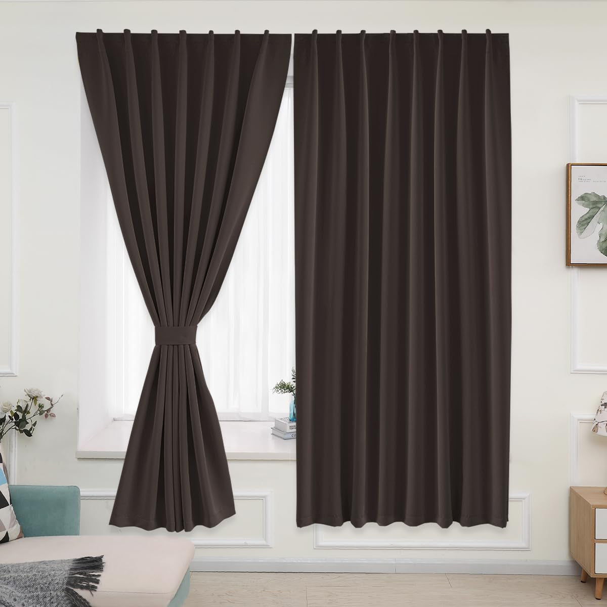 Muamar 2Pcs Blackout Curtains Privacy Curtains 63 Inch Length Window Curtains,Easy Install Thermal Insulated Window Shades,Stick Curtains No Rods, Black 42" W X 63" L  Muamar Coffee 52"W X 63"L 