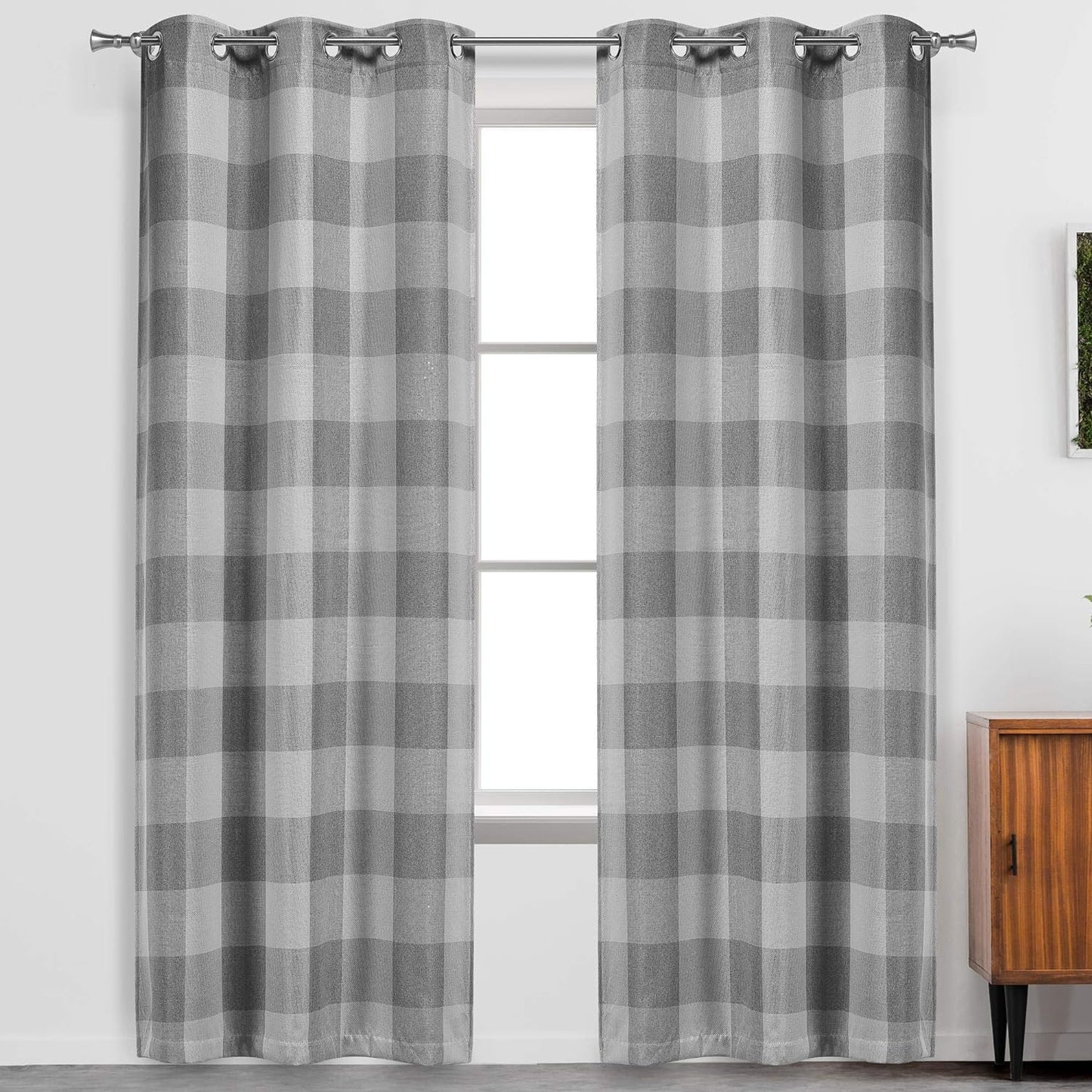 Blackout 365 Aaron Checkered Set Buffalo Plaid Blackout Bedroom-Insulated and Energy Efficient Rod Pocket Window Curtains for Living Room, 37 in X 84 in (W X L), Grey  Blackout 365 Grey (Rod Pocket) 37 In X 84 In (W X L) 
