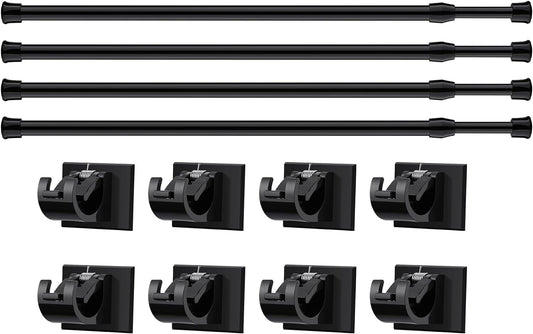 Spring Tension Curtain Rod Black Extendable Tension Curtain Rod Adjustable Tension Rod with Self Adhesive Hook Curtain Rods for Windows 15.7 to 27.5 Inch, Closet, Wardrobe, Bookshelf (4 Pieces)