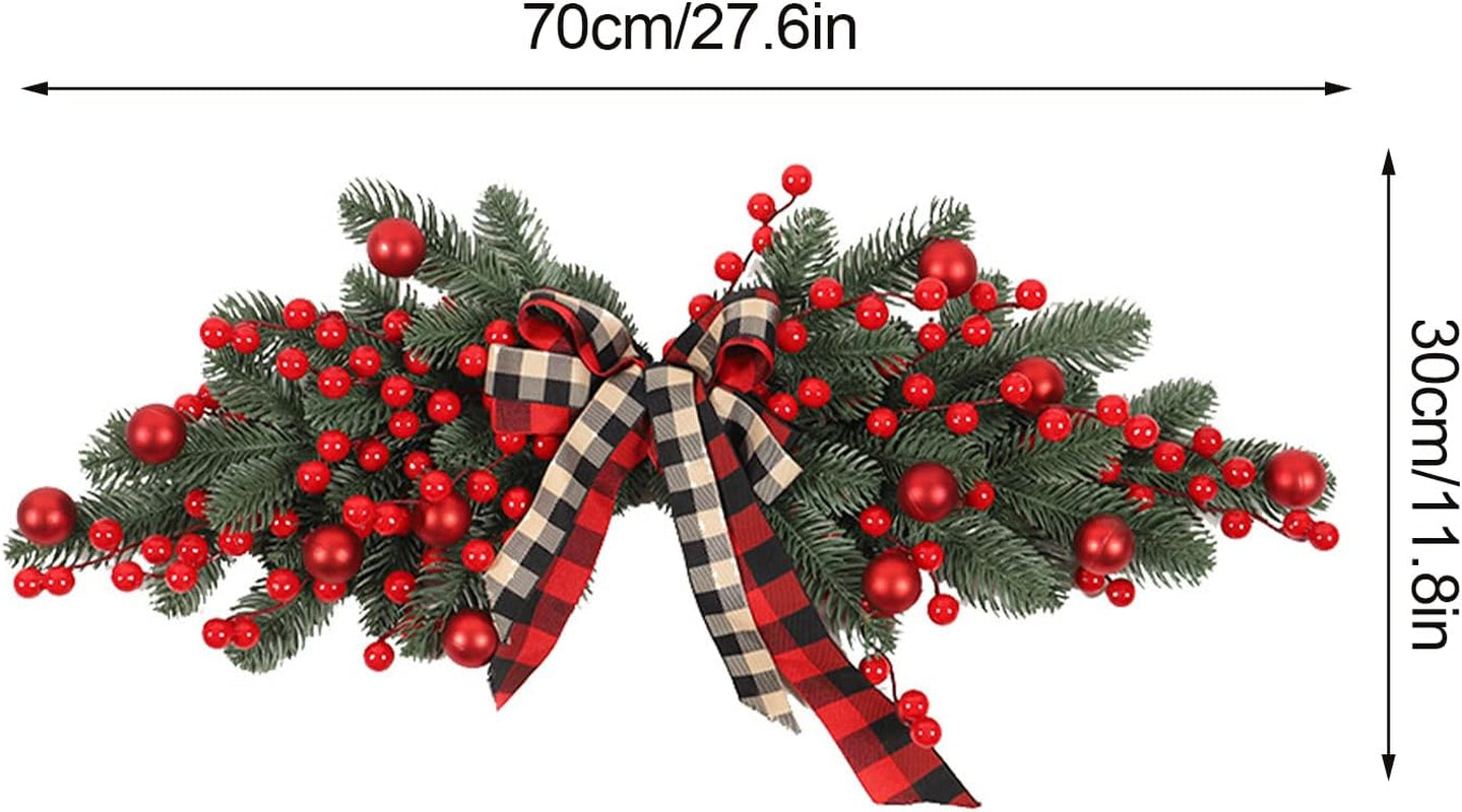 Artificial Christmas Swag Wreaths,27.6 Inch Christmas Pine Needles Door Swag with Plaid Ribbon Bow and Red Berries Greenery Xmas Mailbox Swag for Front Door Window Mantels Wall Home(Without Light)