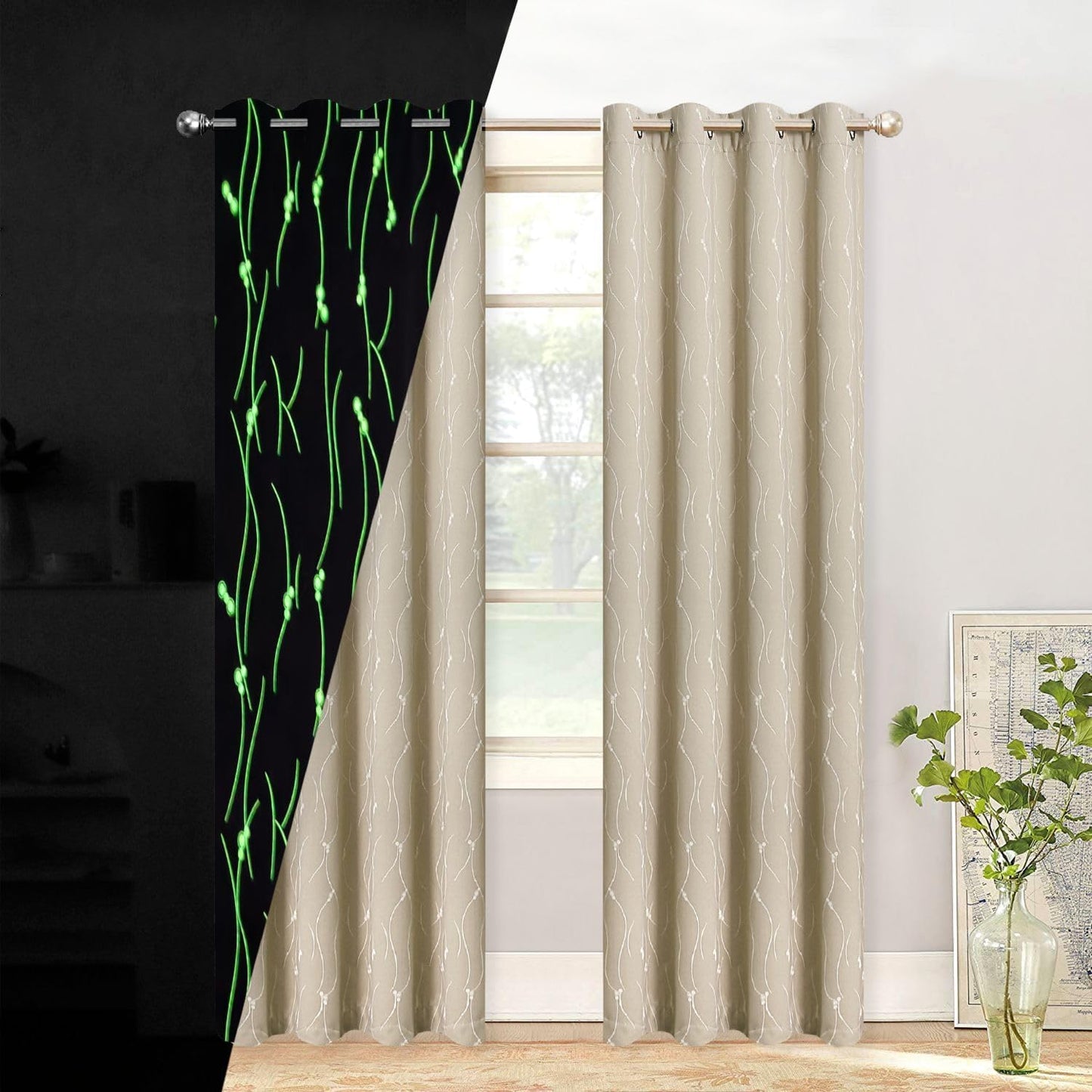 TMLTCOR Blackout Curtains for Bedroom,Bedroom Curtains for Living Room,Room Darkening Curtains 84 Inches Long,Glow in the Dark Navy Blue Curtains for Kids Bedroom,52 Inches Wide,2 Panels,Curve  TMLTCOR Beige/Curve 52"W*84"L 