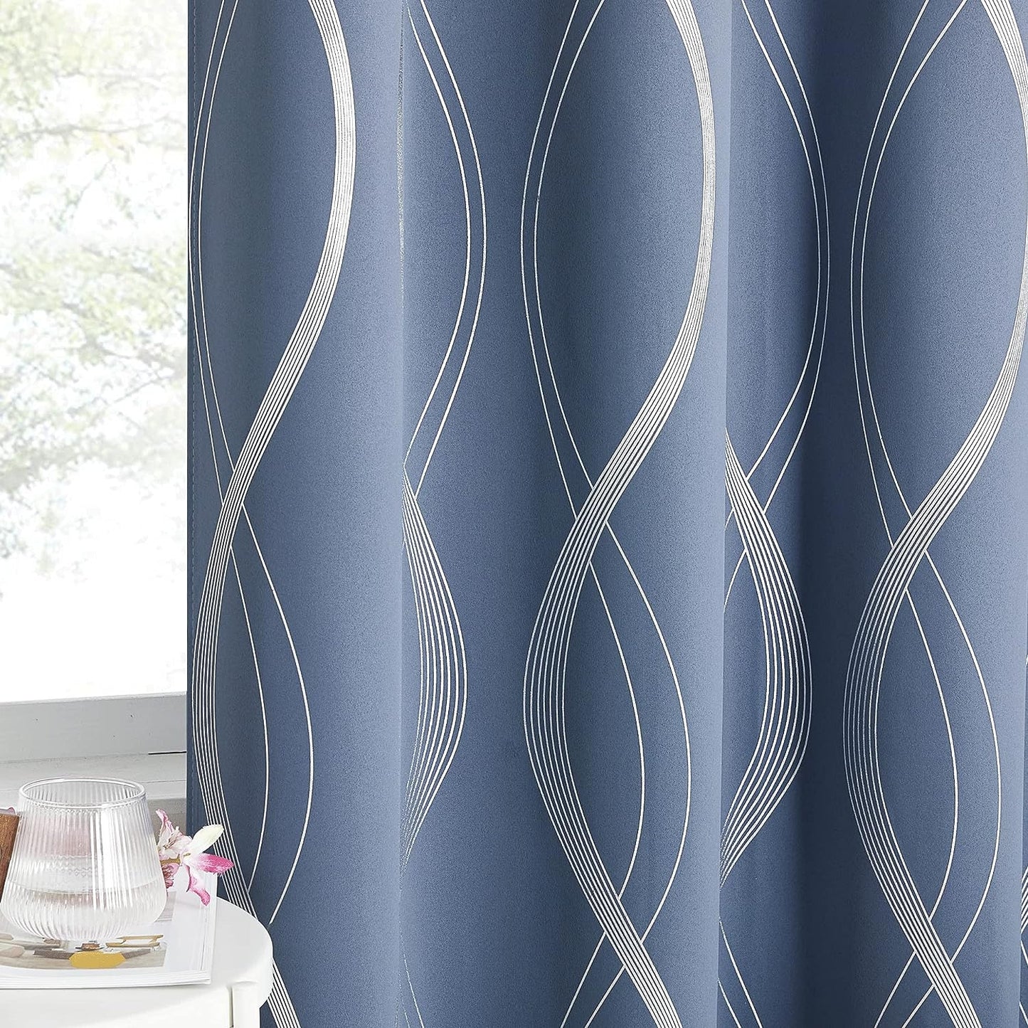 NICETOWN Grey Blackout Curtains 84 Inch Length 2 Panels Set for Bedroom/Living Room, Noise Reducing Thermal Insulated Wave Line Foil Print Drapes for Patio Sliding Glass Door (52 X 84, Gray)  NICETOWN Stone Blue 42"W X 63"L 