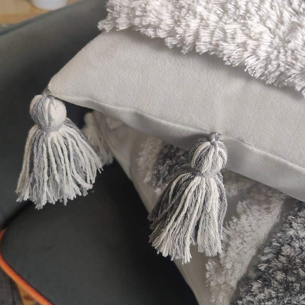 Boho White Grey Tufted Throw Pillow Covers with Tassels, Set of 2, Super Soft Velvet Pillowcase for Sofa Living Room(Grey-Line,18"X18")