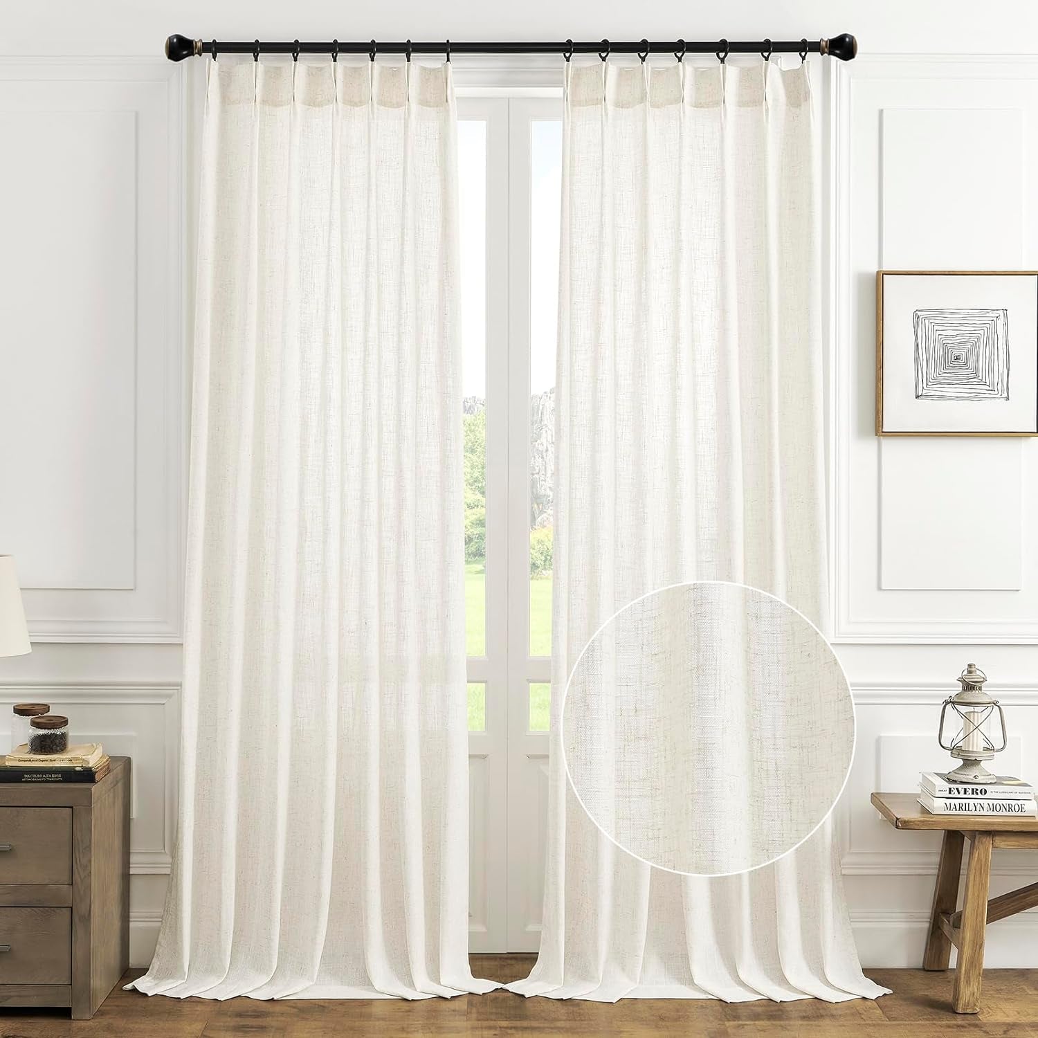 Maison Colette Pinch Pleat Natural Linen Sheer Curtain 95 Inches Long,Back Tab Stripe Transparent Voile Window Drapes for Bedroom/Living Room, 2 Panels,42" Width,Linen  Maison Colette Home Linen 42"W X 108"L 