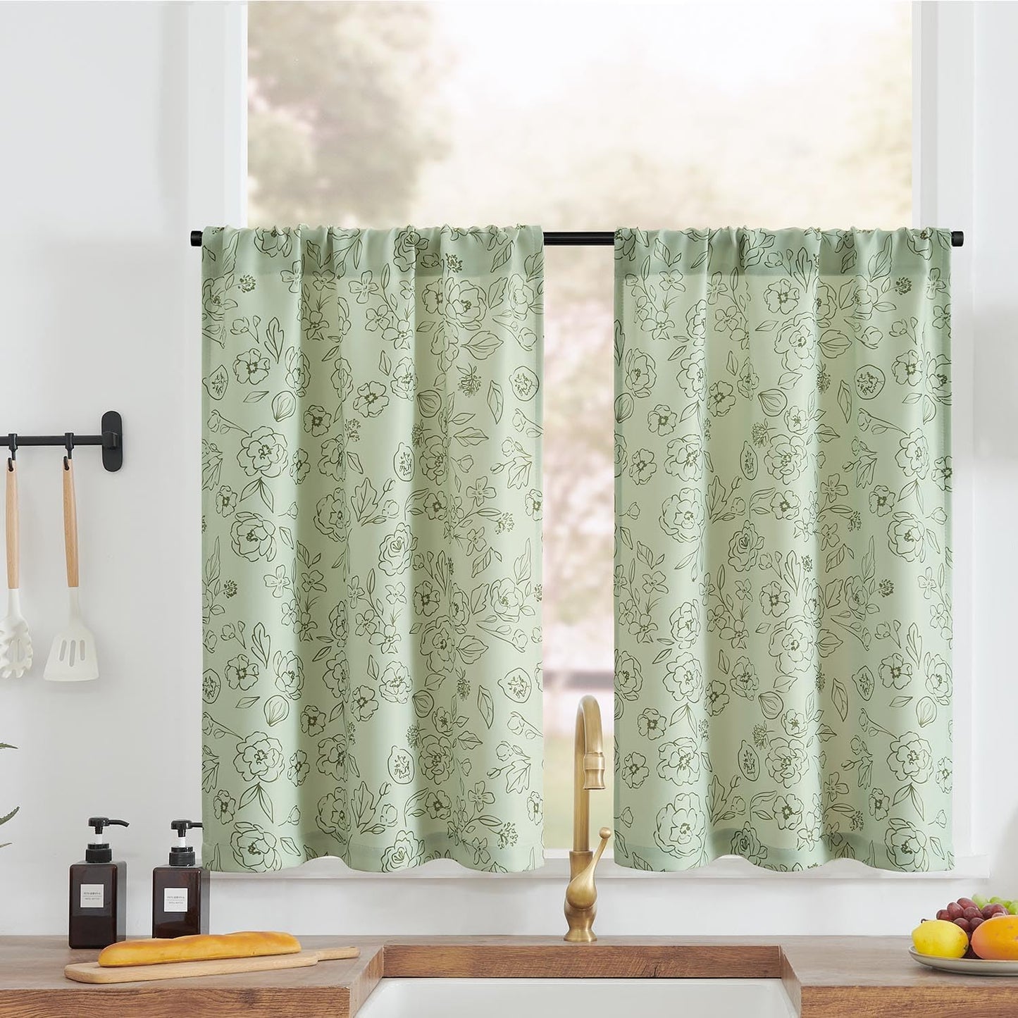 Jinchan Beige Kitchen Curtains Linen Tier Curtains 24 Inch Farmhouse Cafe Curtains Light Filtering Small Window Curtains Flax Country Rustic Rod Pocket Bathroom Laundry Room RV 2 Panels Crude  CKNY HOME FASHION Floral Green 24L 