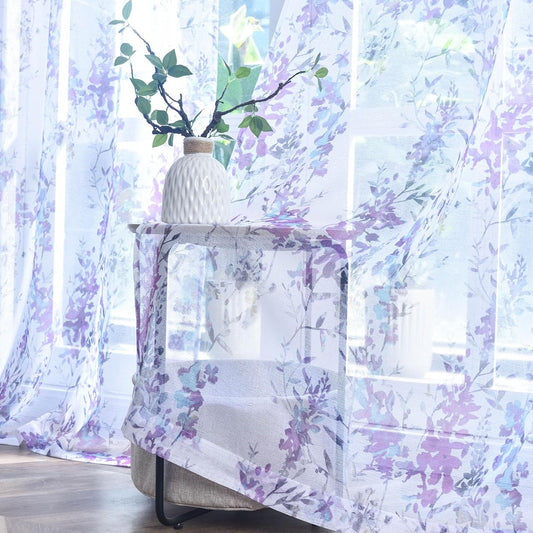 Kotile Purple White Sheer Curtains, Country Branch Leaf Print Sheer Curtains 63 Inch Length for Bedroom, Rod Pocket Privacy Floral Sheer Window Curtains, 50 X 63 Inch, 2 Panels, Purple  Kotile Textile Purple W50 X L84 Inch 