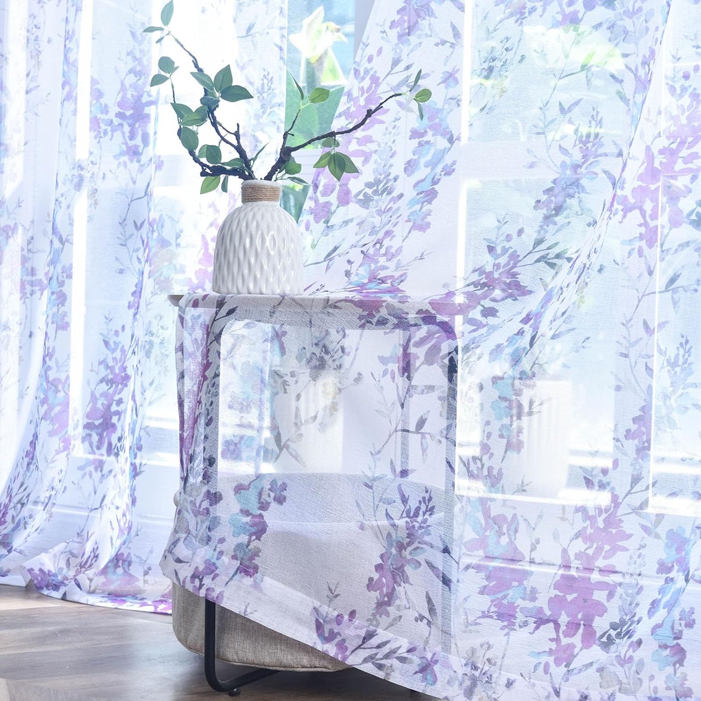 Kotile Grey White Sheer Curtains, Classic Vintage Branch Leaf Printed Sheer Curtains 63 Inch Length 2 Panels Set, Privacy Rod Pocket Sheer Window Floral Curtains, 50 X 63 Inch, Grey  Kotile Textile Purple W50 X L63 Inch 
