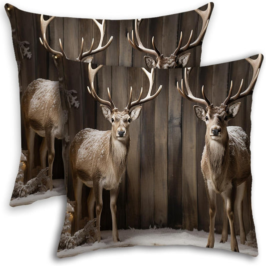 Cabin Throw Pillows for Couch Board Realistic Farmhouse Vintage Deer Winter Snow Brown Velvet Home Decor Patio Indoor Car Outdoor Porch Bedding Home Sofa Pillows for Living Room 16X16Inch