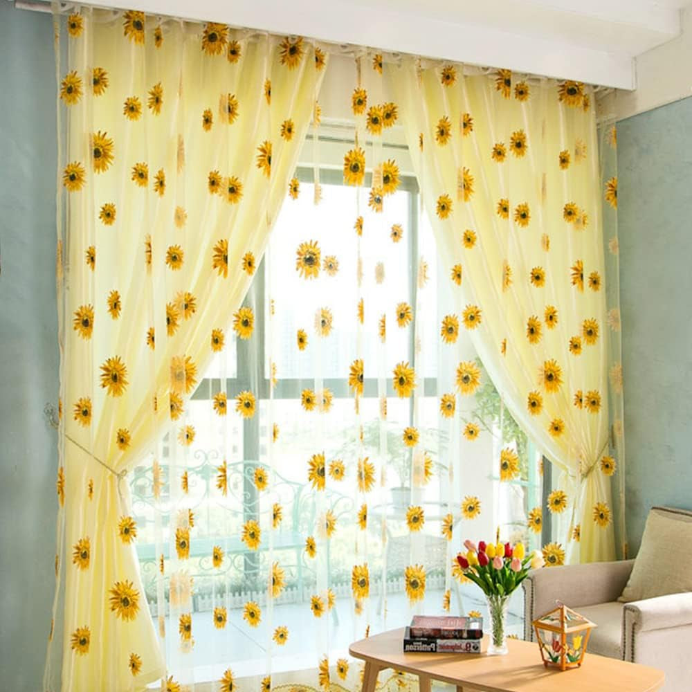 BIGEBO 2PCS Sunflower Curtains Yellow Sheer Window Curtains with 2 Curtain Tiebacks Rope for Bedroom Living Room Kitchen Decor, Rod Pocket Window Treatments W39 X L79  BIGEBO   