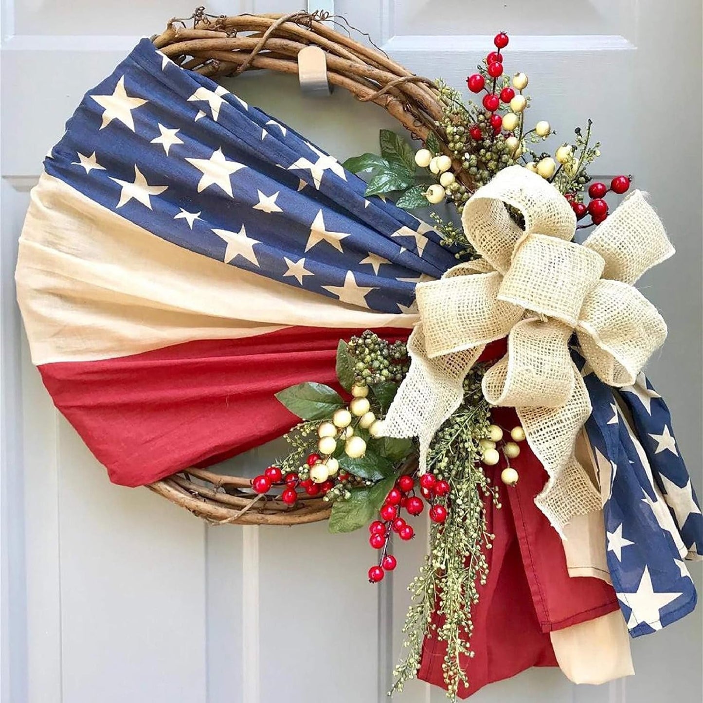 4Th of July Patriotic Wreath - Memorial Day Pride Garland for Front Door - Red White and Blue Flag Wreath - Independence Swag Indoor Outdoor Wall Holiday Decor Home (B)