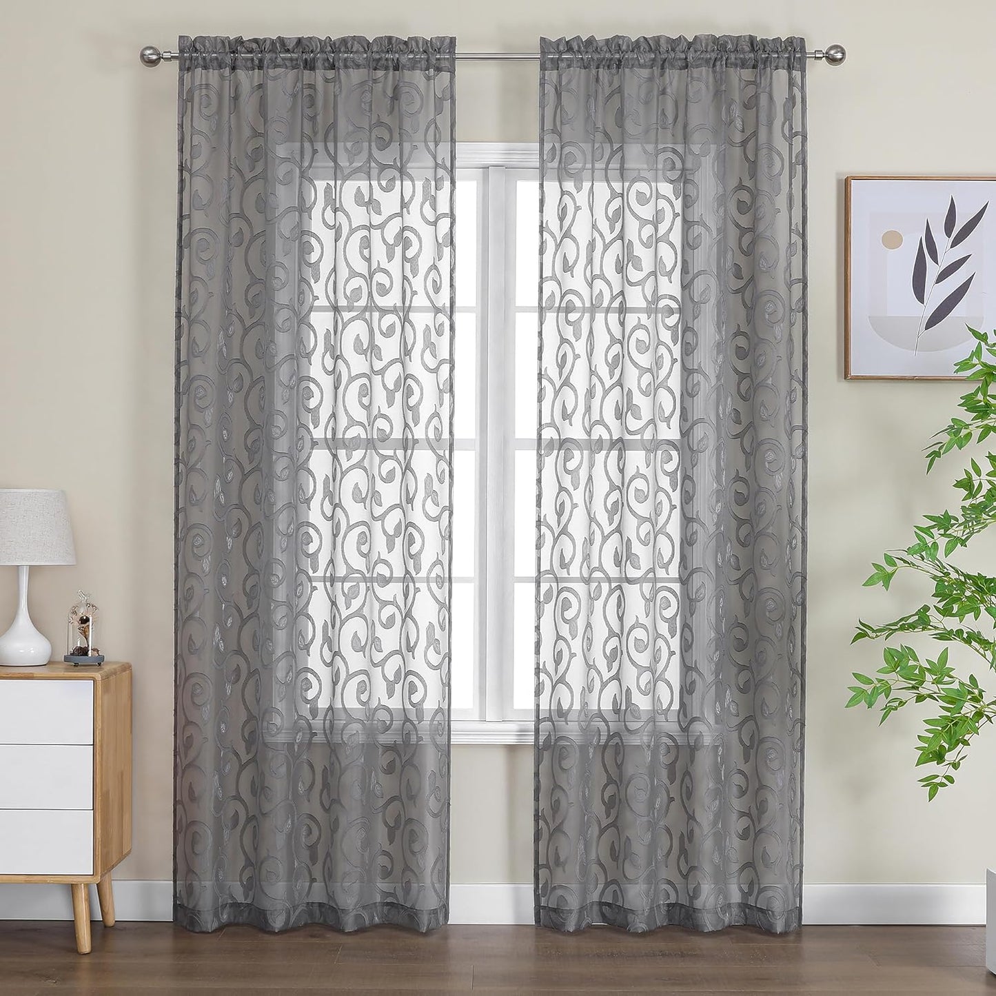 OWENIE Furman Sheer Curtains 84 Inches Long for Bedroom Living Room 2 Panels Set, Light Filtering Window Curtains, Semi Transparent Voile Top Dual Rod Pocket, Grey, 40Wx84L Inch, Total 84 Inches Width  OWENIE Charcoal Gray 40W X 96L 
