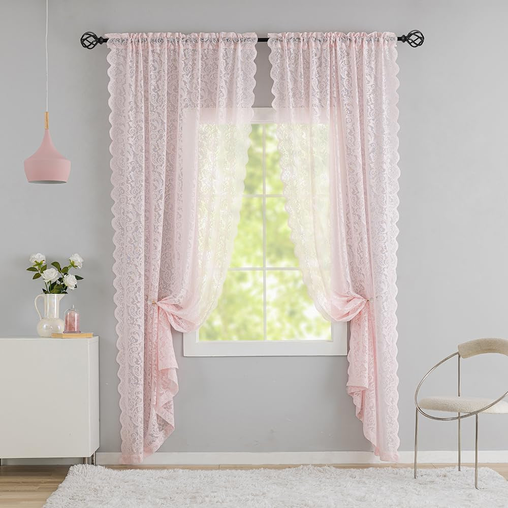 ALIGOGO White Lace Curtains 84 Inches Long-Vintage Floral Luxury Lace Sheer Curtains for Living Room 2 Panels Rod Pocket 52 W X 84 L Inch,White  ALIGOGO Pink 52" W X 96" L 