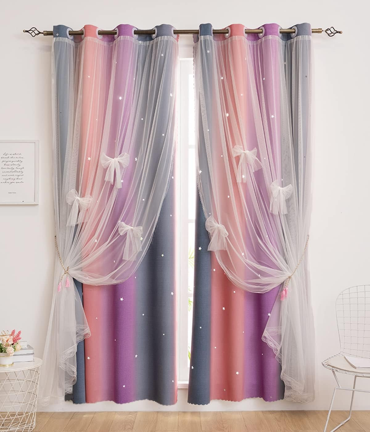 Yancorp Curtains for Girls Bedroom Kids Room Curtain Colorful Window Nursery Curtain 63 Inches Length Room Darkening Grommet 2 Layers (Pink Purple, W52 X L63)  Yancorp Purple Pink Grey W52" X L63" 