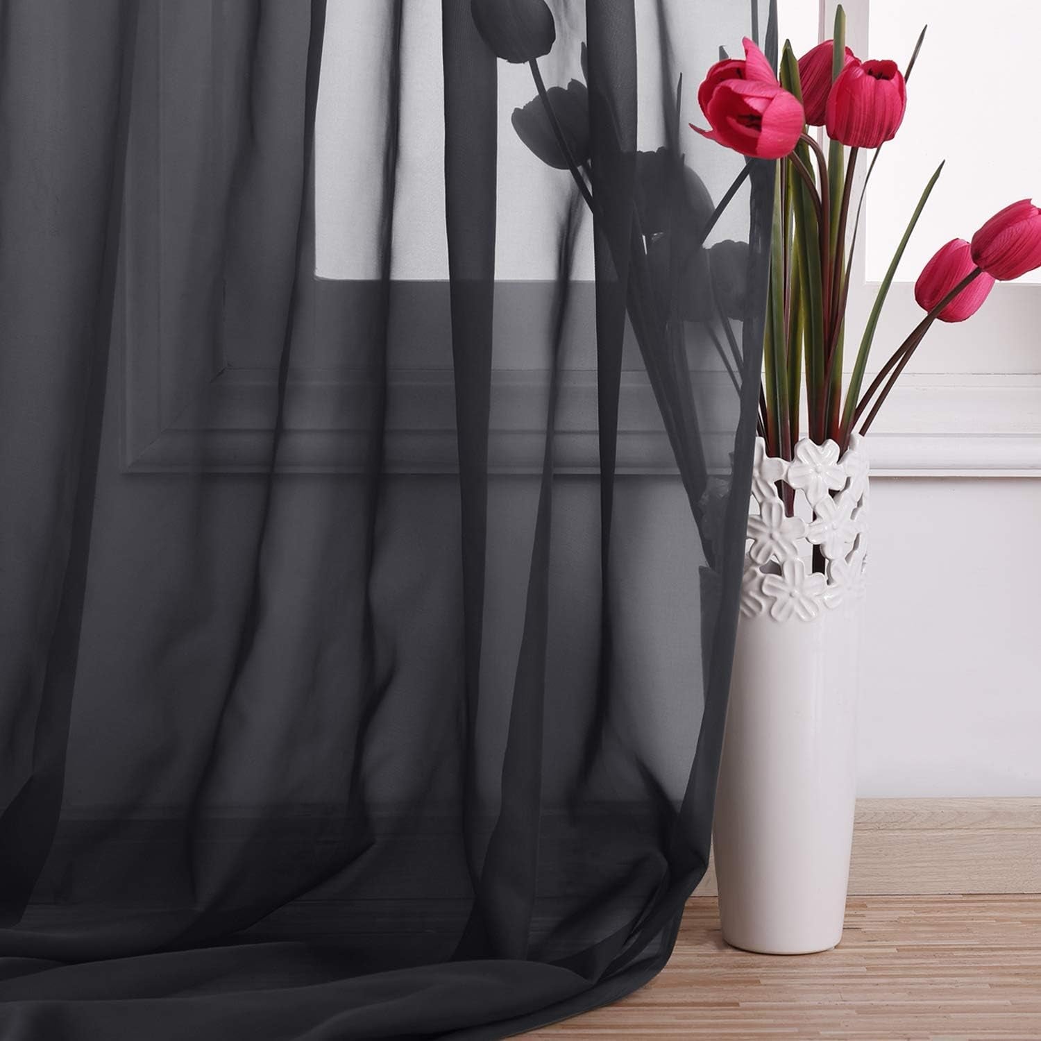 NICETOWN Black Sheer Villa Scarf Curtain Panels, Simple Voile Sheer Scarf Valances for Your Son & Farther Bedroom, 2 Pieces, 60" Length by 144" Width
