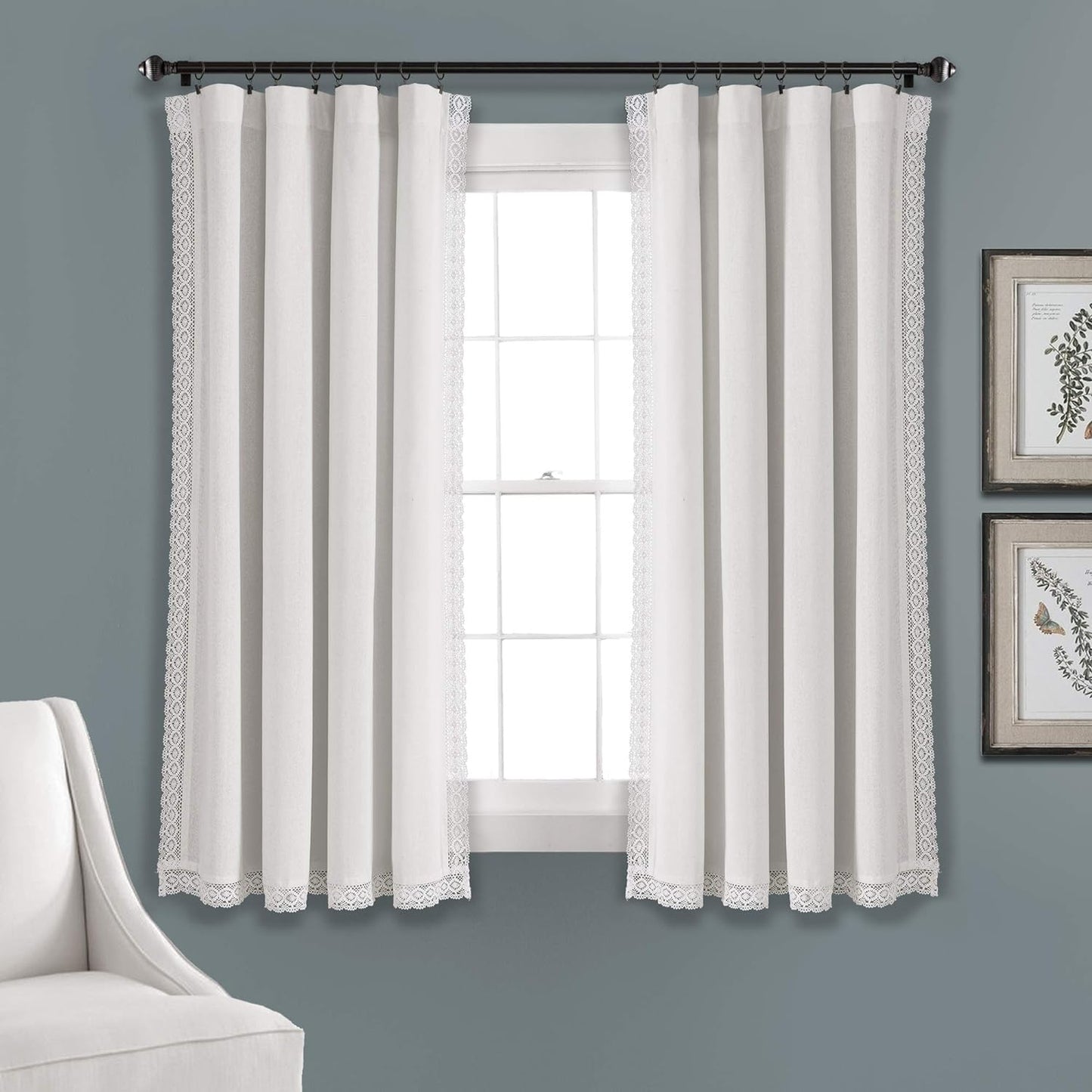 Lush Decor Rosalie Light Filtering Window Curtain Panel Set- Pair- Vintage Farmhouse & French Country Style Curtains - Timeless Dreamy Drape - Romantic Lace Trim - 54" W X 84" L, White  Triangle Home Fashions White Window Panel 54"W X 63"L