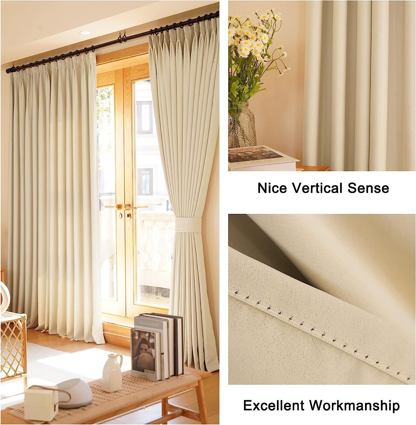 HUTO Beige Pinch Pleated Curtains Thermal Insulated Room Darkening Window Treatment Panel for Living Room, Bedroom, Kitchen, Small Window, 52 by 63 Inches Long, 1 Panel  HUTO   