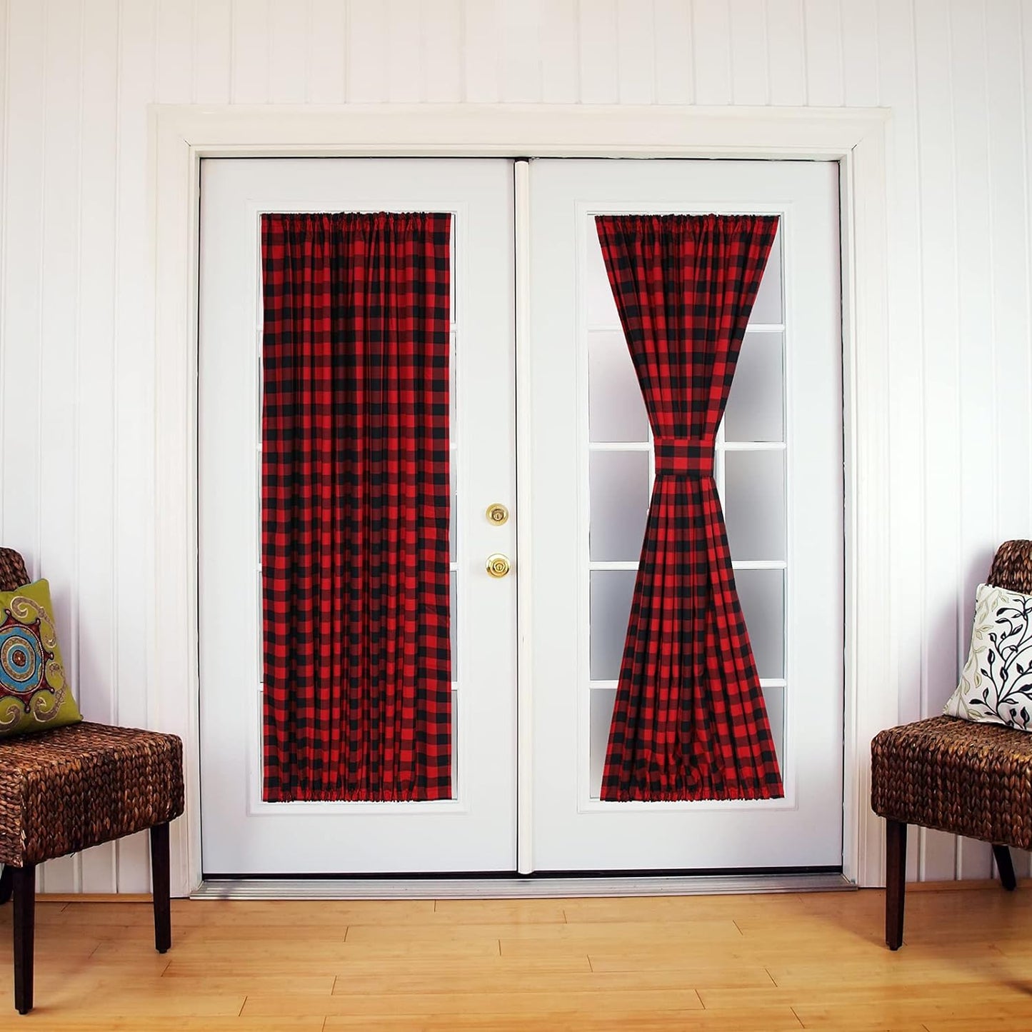 Rloncomix French Door Curtains Buffalo Plaid Window Curtains Rod Pocket Farmhouse Sidelight Curtains for Glass Door 72 Inch Long 2 Panels with Tieback, Black/White  BAIHT HOME Red/Black 54"W X 40"L | 1 Panel 