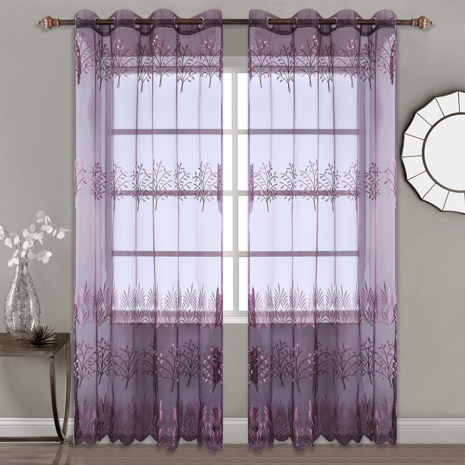 DONREN Tree Branch Printed Embroidery Sheer Curtains for Bedroom - Luxury Plum Purple Embroidery Sheer Curtain Panels for Living Room (W 52 X L 84 Inch,2 Panels)  DONREN   