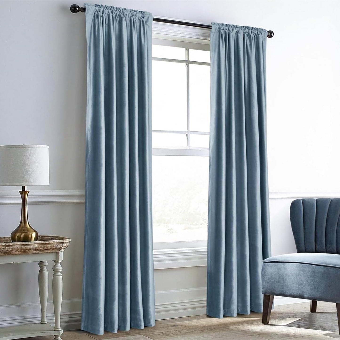 Dreaming Casa Royal Blue Velvet Room Darkening Curtains for Living Room Thermal Insulated Rod Pocket Back Tab Window Curtain for Bedroom 2 Panels 102 Inches Long, 42" W X 102" L  Dreaming Casa Blue Grey 2 X (84"W X 96"L) 