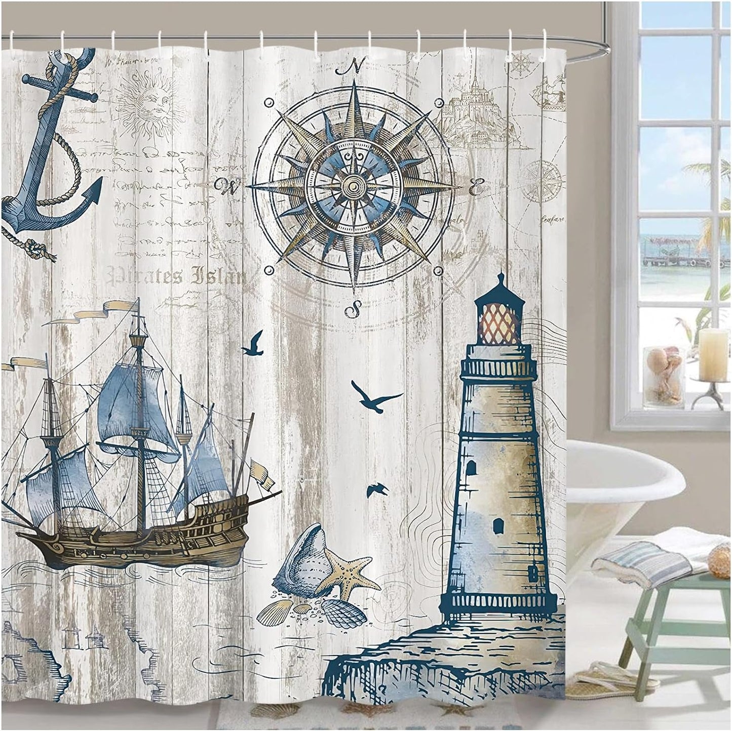 Nautical Shower Curtain, Sailboat Lighthouse Compass Anchor Decorative Bathroom Curtain Polyester Waterproof Fabric Shower Curtains with 12 Hooks, 72X72 Inch (Nautical)