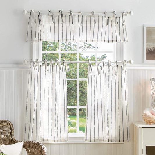 Martha Stewart Laguna Stripe Semi-Sheer Tie Tab Window Curtain Valance and Tiers Set, Grey