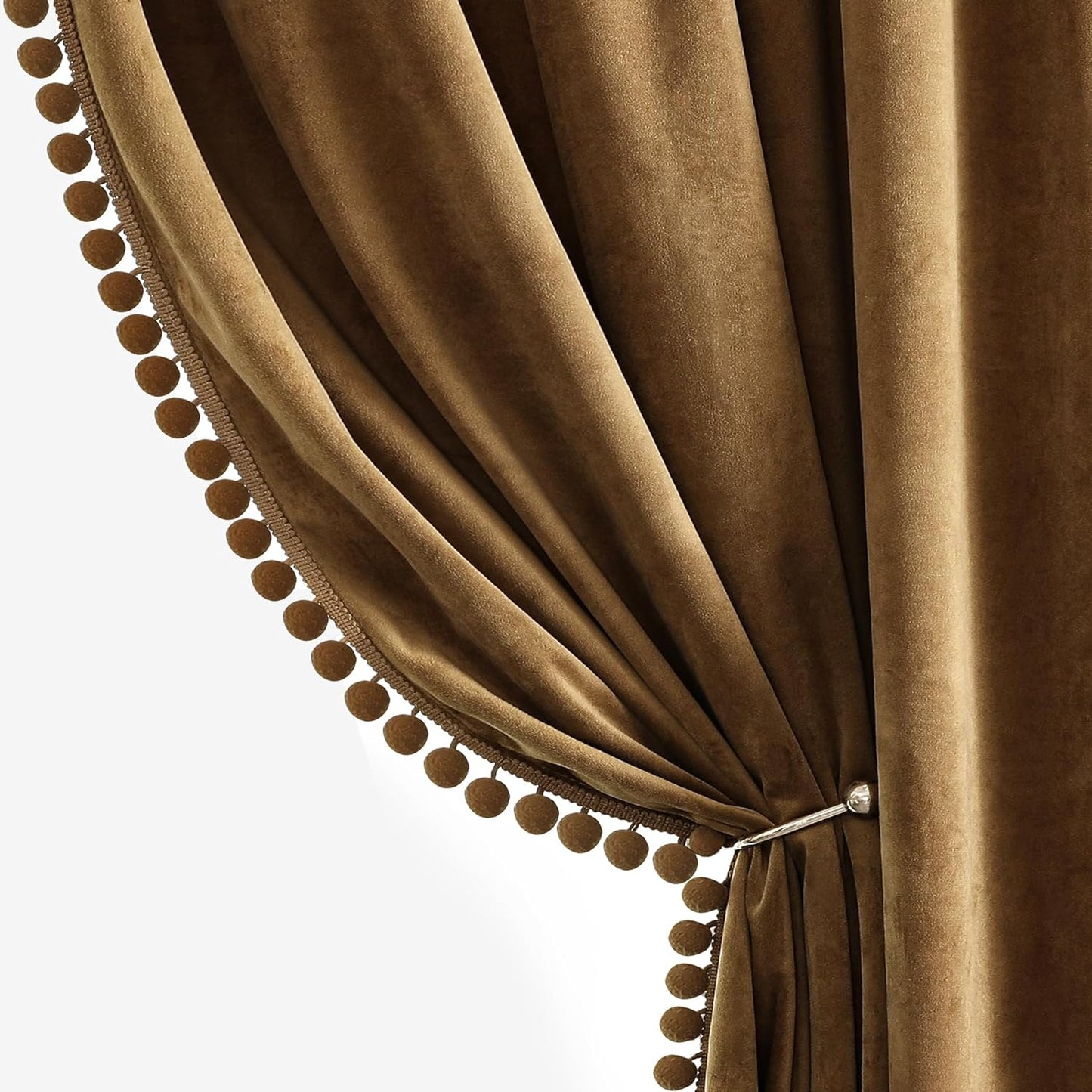 Dchola Olive Green Velvet Curtains for Bedroom Window, Super Soft Vintage Luxury Heavy Drapes, Room Darkening Rod Pocket Curtain for Living Room, W52 by L84 Inches, 2 Panels  Dchola Pom-Gold Brown W52*L108 