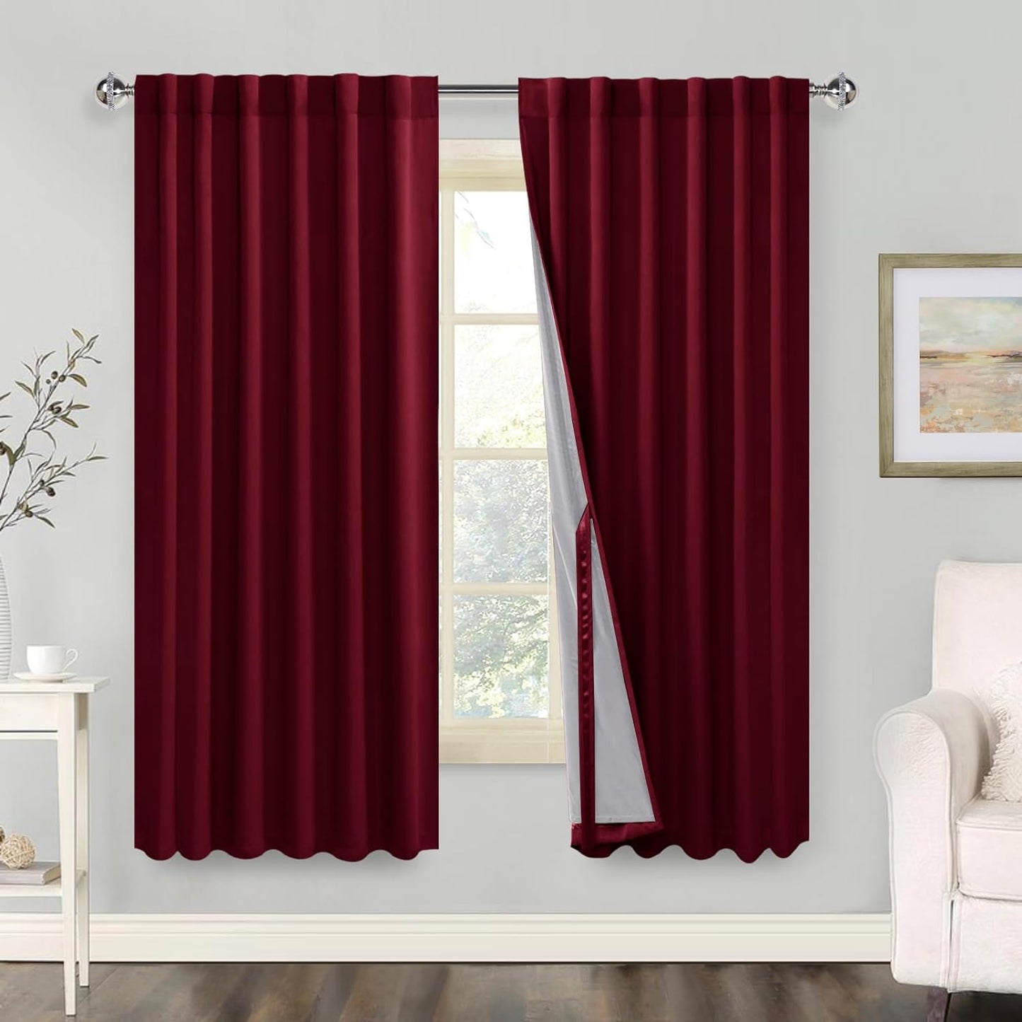 100% Blackout Curtains 2 Panels with Tiebacks- Heat and Full Light Blocking Window Treatment with Black Liner for Bedroom/Nursery, Rod Pocket & Back Tab，White, W52 X L84 Inches Long, Set of 2  XWZO Burgundy W52" X L63"|2 Panels 