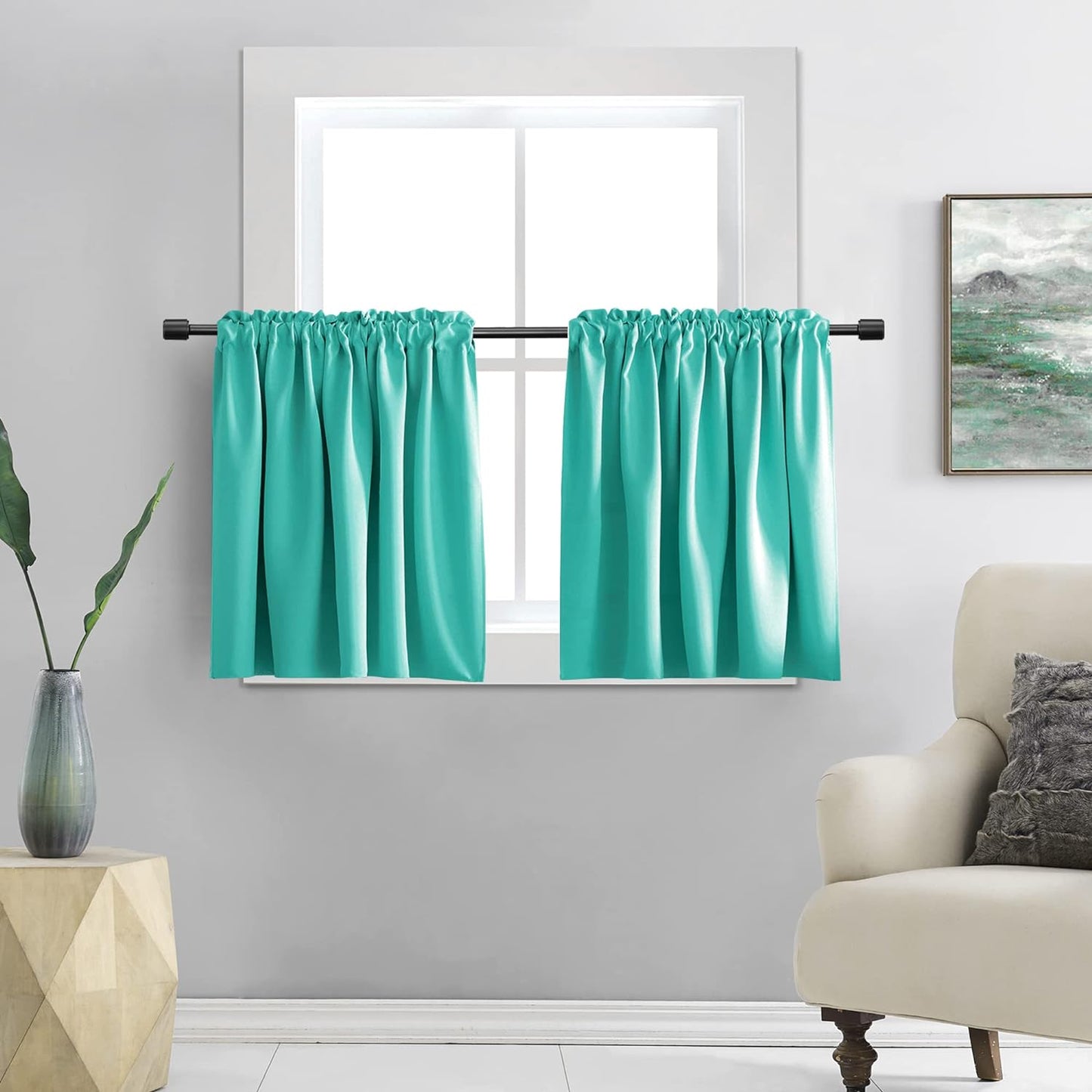DONREN 24 Inch Length Curtains- 2 Panels Blackout Thermal Insulating Small Curtain Tiers for Bathroom with Rod Pocket (Black,42 Inch Width)  DONREN Turquoise 42" X 24" 
