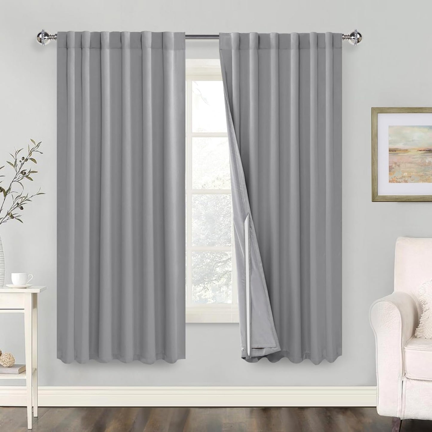 100% Blackout Curtains 2 Panels with Tiebacks- Heat and Full Light Blocking Window Treatment with Black Liner for Bedroom/Nursery, Rod Pocket & Back Tab，White, W52 X L84 Inches Long, Set of 2  XWZO Silver Grey W52" X L63"|2 Panels 