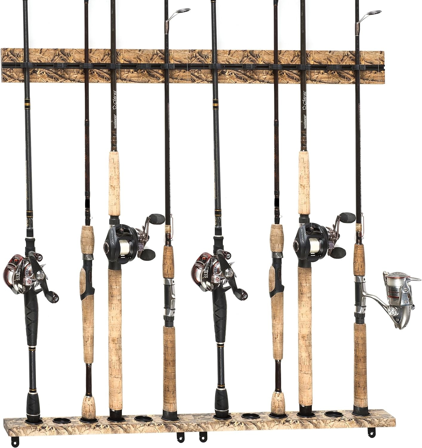 Old Cedar Outfitters Organized Fishing Camo Modular Vertical Wall Rack for Fishing Rod Storage, Holds up to 6 Fishing Rods, Camouflage Finish, CRWR-006
