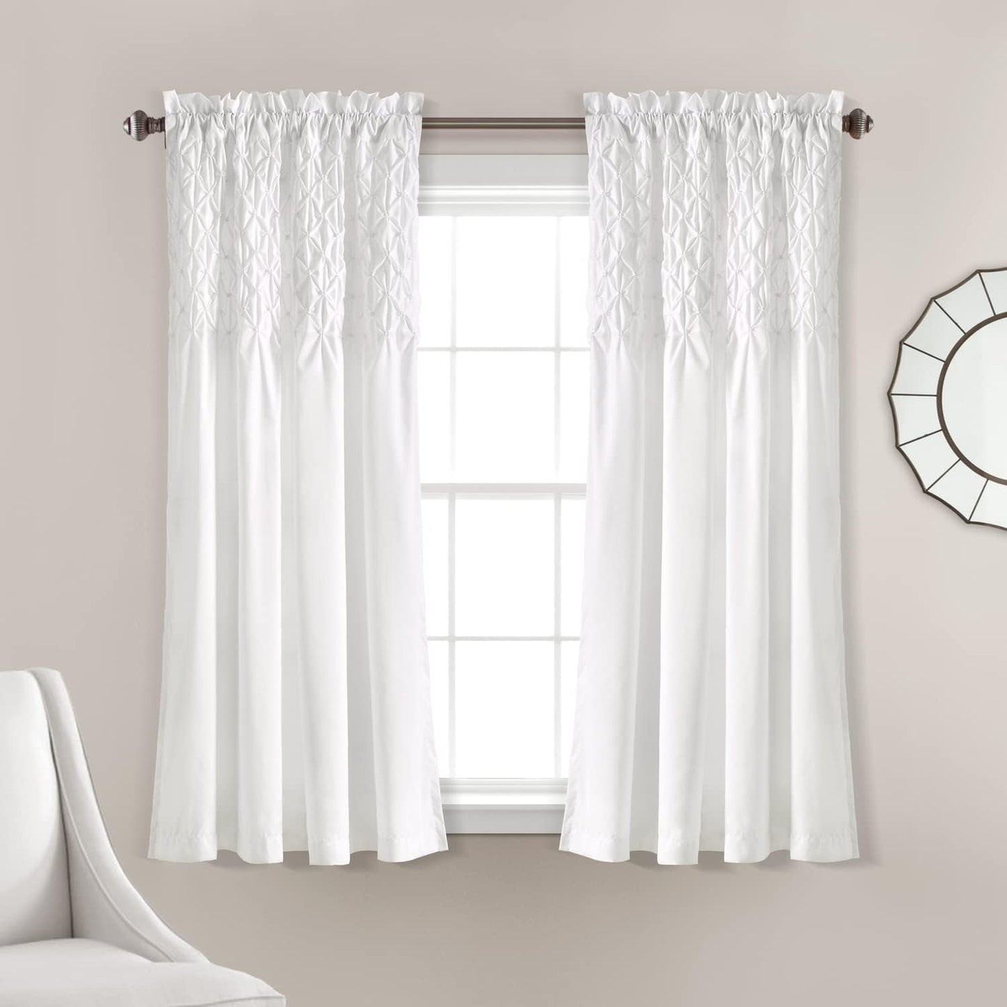 Lush Decor Bayview Curtains-Pintuck Textured Semi Sheer Window Panel Drapes Set for Living, Dining, Bedroom (Pair), 54" W X 84" L, White  Triangle Home Fashions White 54"W X 63"L 
