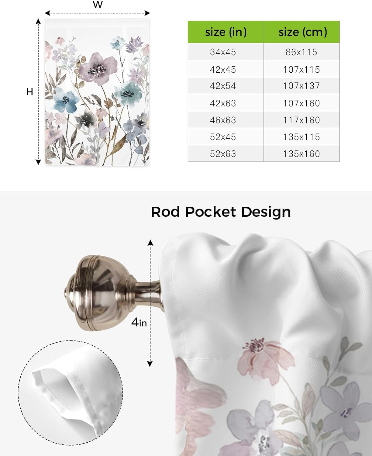 Tie up Watercolor Floral Valance Curtains for Windows, Adjustable Window Shade Valances for Kitchen Living Room Bathroom Rod Pocket Curtains Window Treatments Grey Blue Purple Herb Botanical 34"X45"