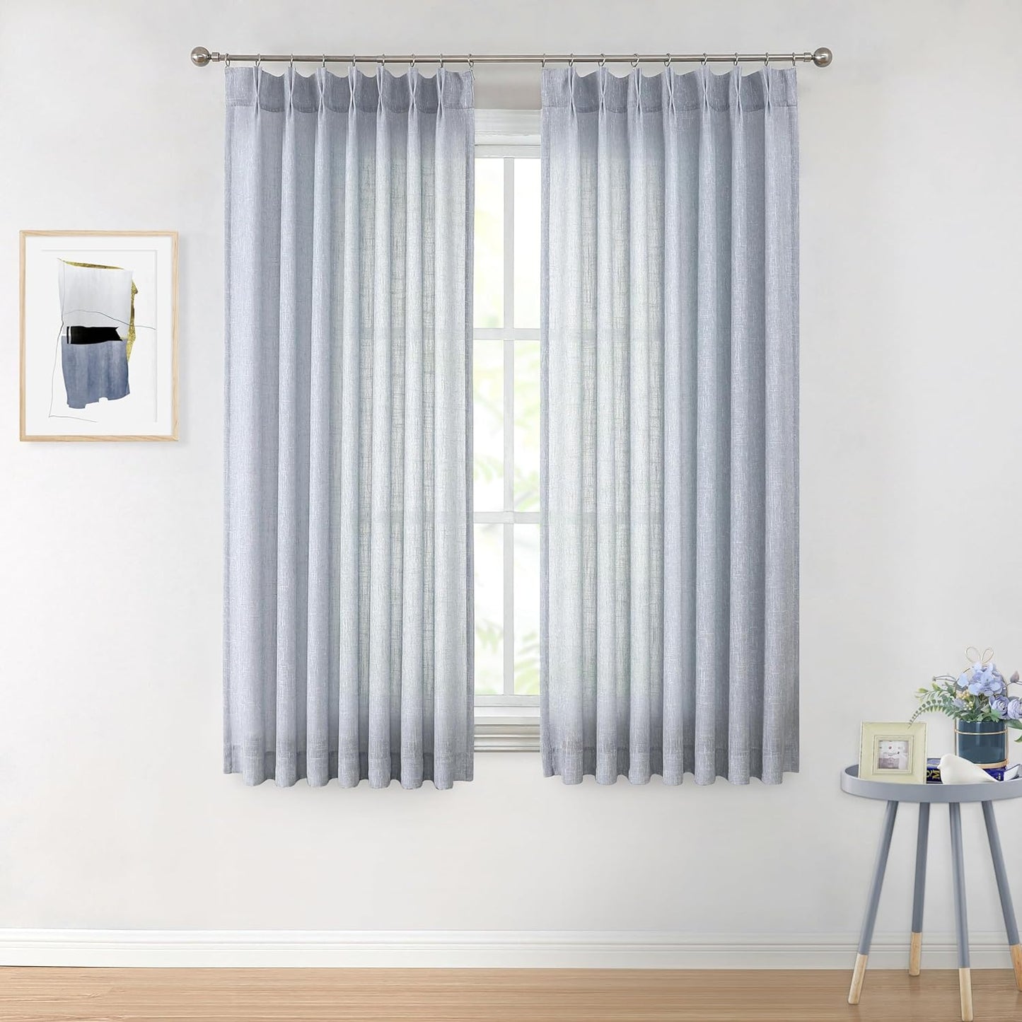 Vision Home Natural Pinch Pleated Semi Sheer Curtains Textured Linen Blended Light Filtering Window Curtains 84 Inch for Living Room Bedroom Pinch Pleat Drapes with Hooks 2 Panels 42" Wx84 L  Vision Home Chambray Blue/Pinch 40"X72"X2 
