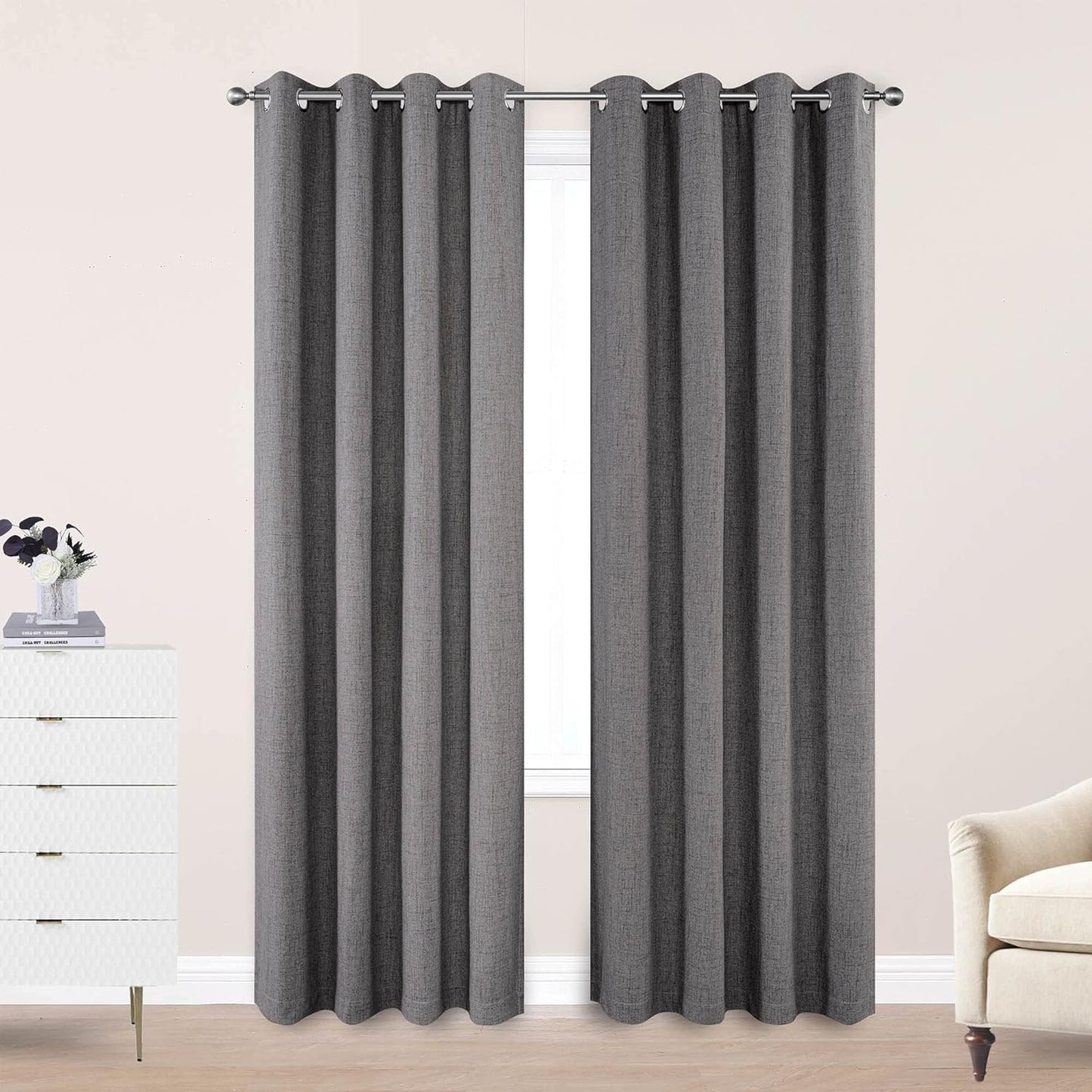 CUCRAF Full Blackout Window Curtains 84 Inches Long,Faux Linen Look Thermal Insulated Grommet Drapes Panels for Bedroom Living Room,Set of 2(52 X 84 Inches, Light Khaki)  CUCRAF Grey 52 X 84 Inches 