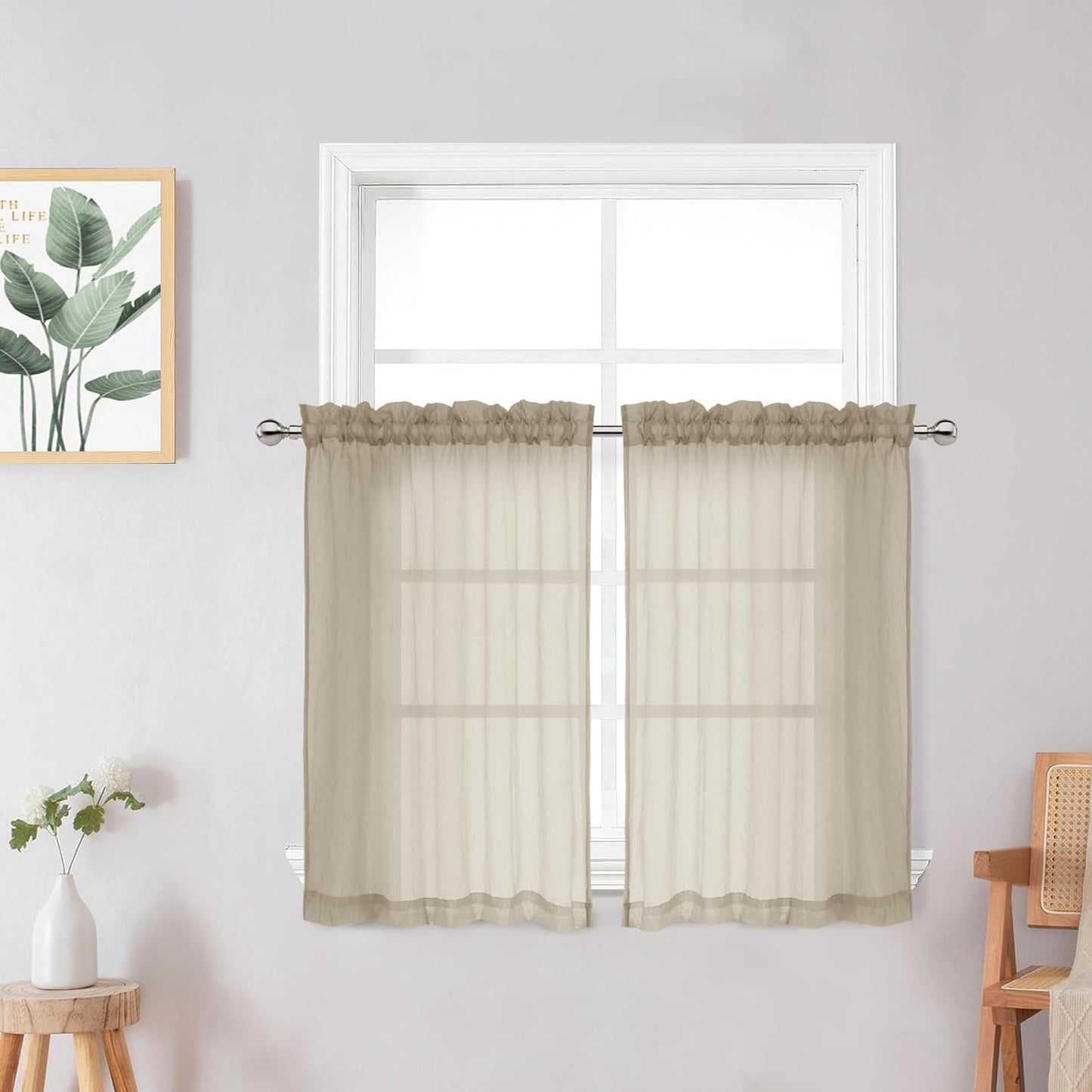 Crushed Sheer White Curtains 63 Inch Length 2 Panels, Light Filtering Solid Crinkle Voile Short Sheer Curtian for Bedroom Living Room, Each 42Wx63L Inches  Chyhomenyc Taupe 28 W X 36 L 