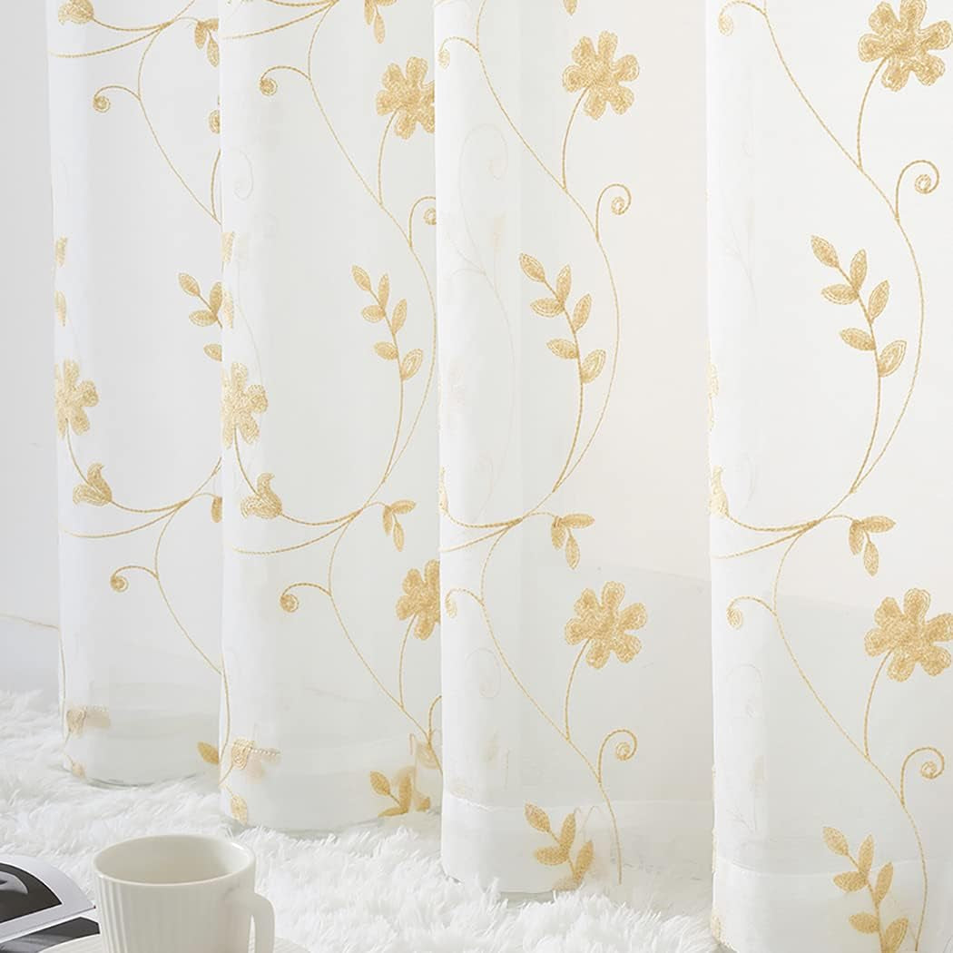 Floral Beige Sheer Curtains 63 Inch Length 2 Panels for Living Room, Embroidered Curtains Light Filtering and Privacy, Semi Sheer Drapes Window Curtain Panels for Kitchen, Bedroom, Beige, 52 X 63 Inch  CaaMoo   