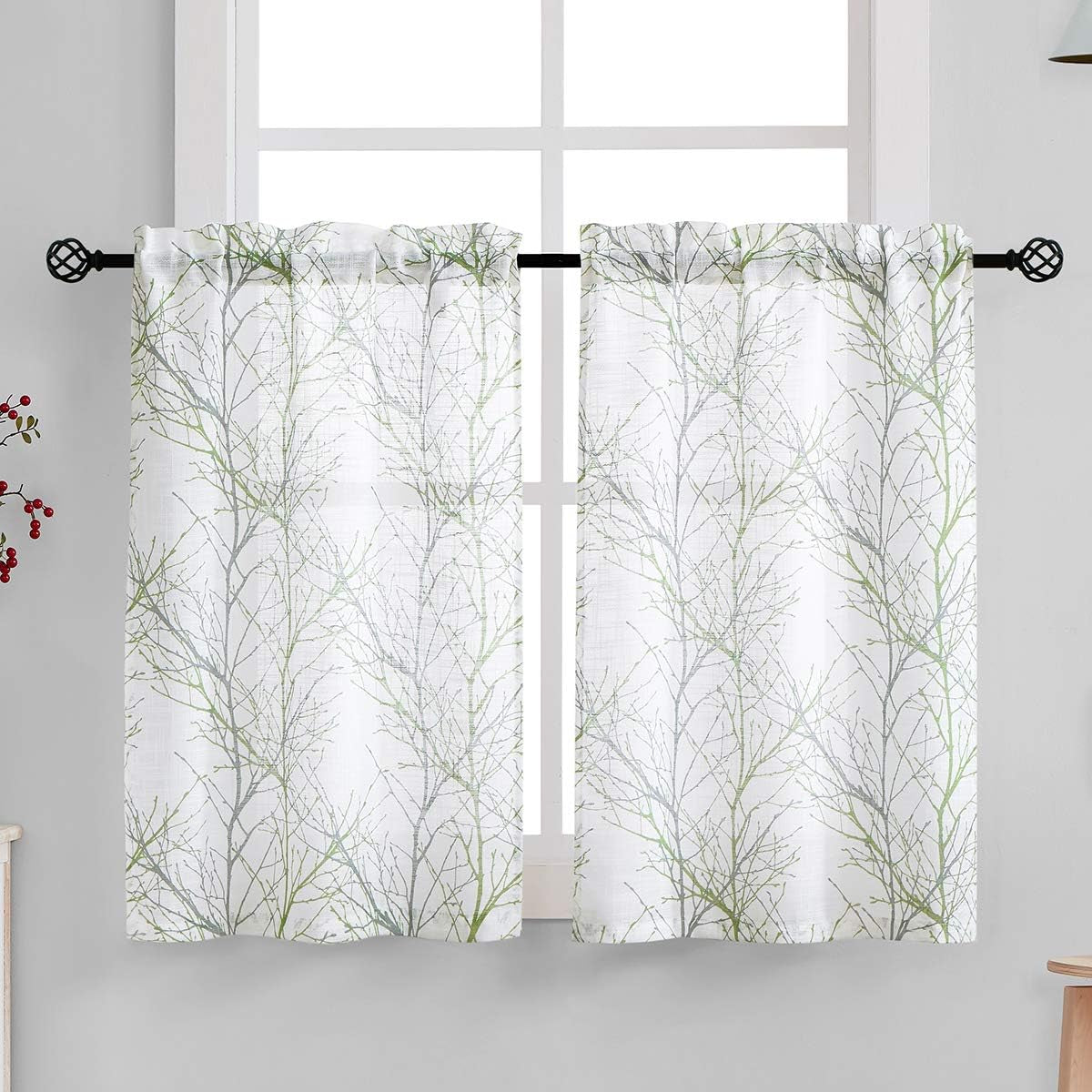 FMFUNCTEX White Kitchen Tier Curtains for Windows Grey/Yellow Café Curtains Tree Branch Print 36" Length Bathroom Curtains Set, 2 Panels