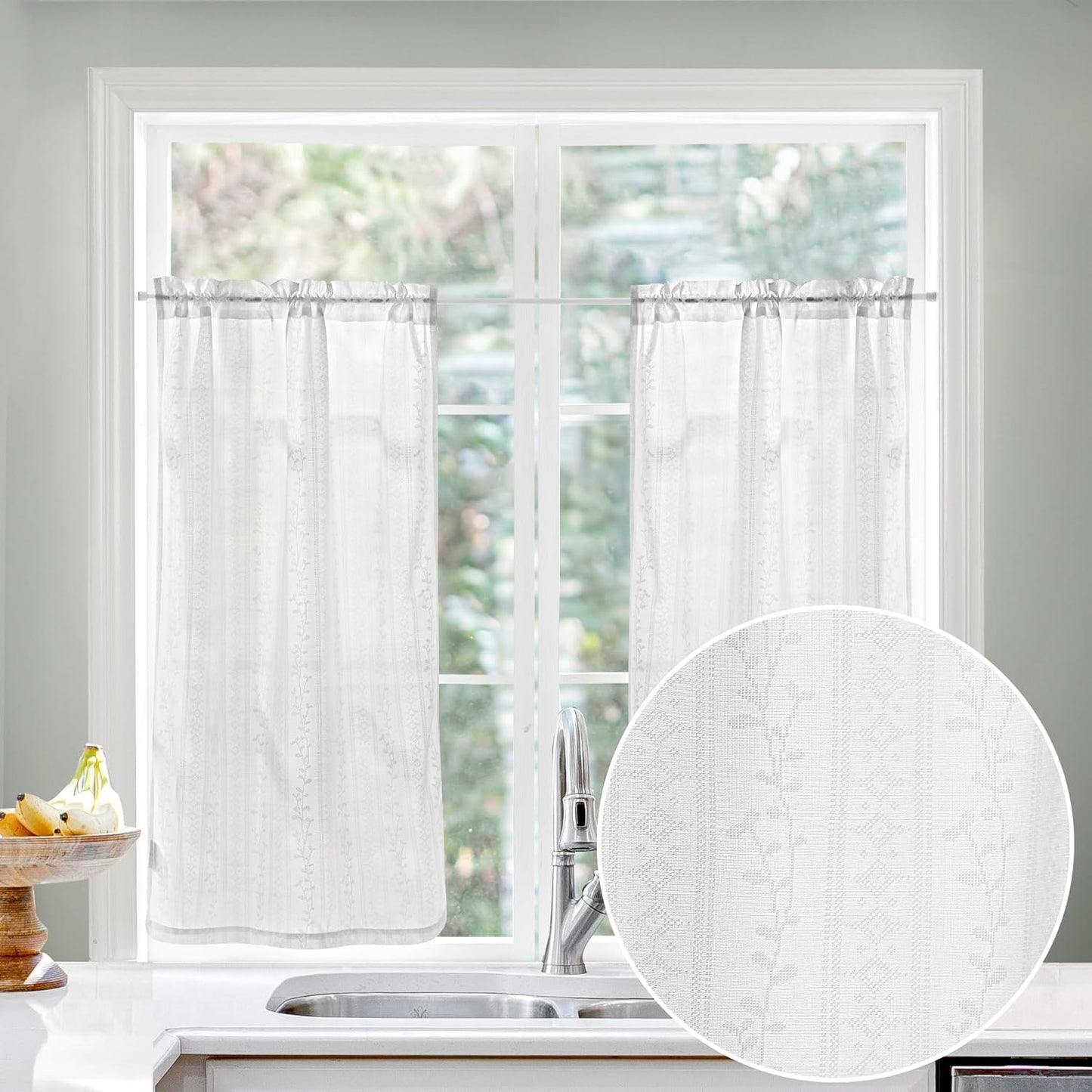 Deconovo Sheer Curtains, Short Curtains 45 Inch Length, Floral White Sheer Curtain, Bathroom Small Window Curtains, W28 X L45 Inch, Bohemian Striped, White  Deconovo Vines W28 X L36 Inch 