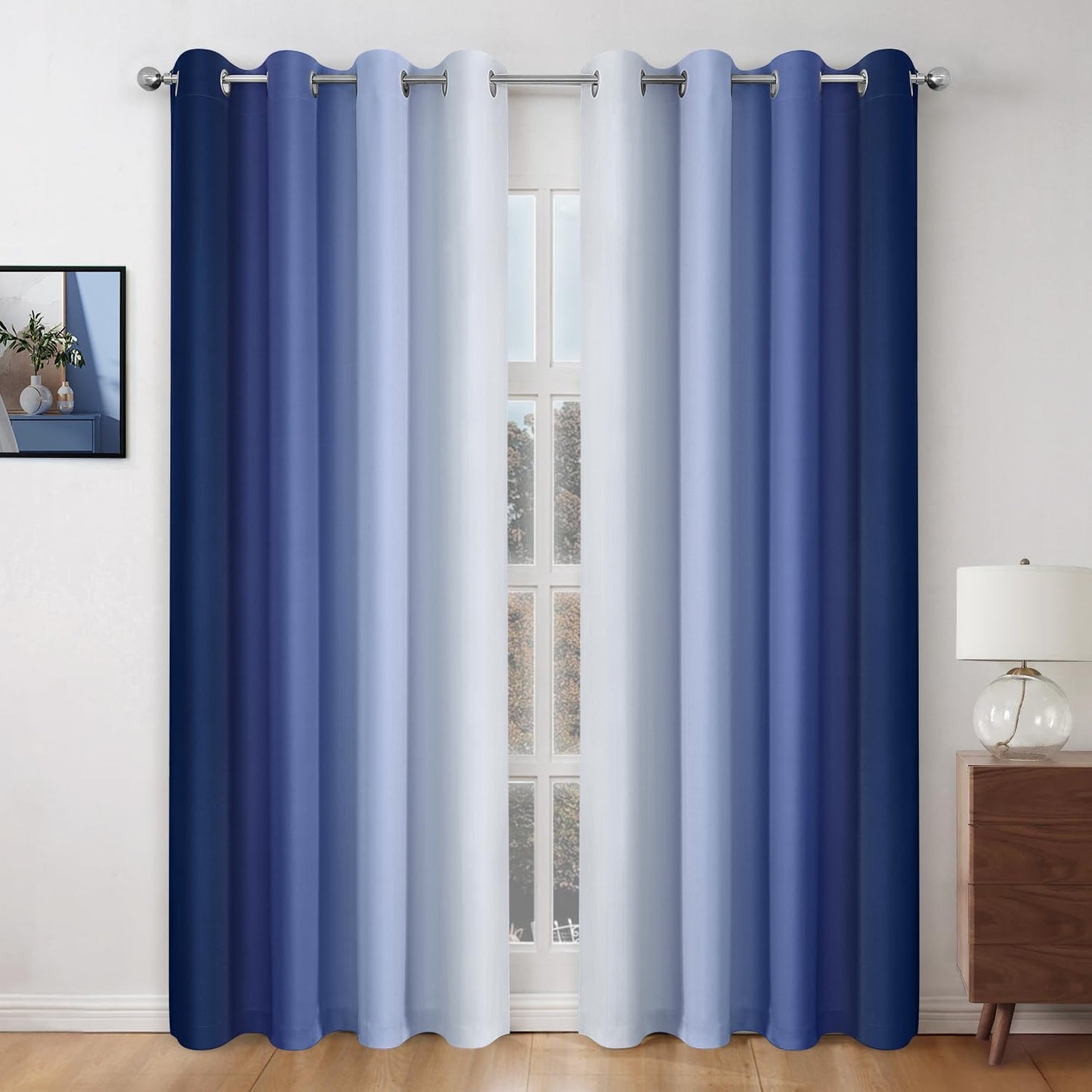 HOMEIDEAS Navy Blue Ombre Blackout Curtains 52 X 84 Inch Length Gradient Room Darkening Thermal Insulated Energy Saving Grommet 2 Panels Window Drapes for Living Room/Bedroom  HOMEIDEAS Navy Blue 1 52"W X 96"L 