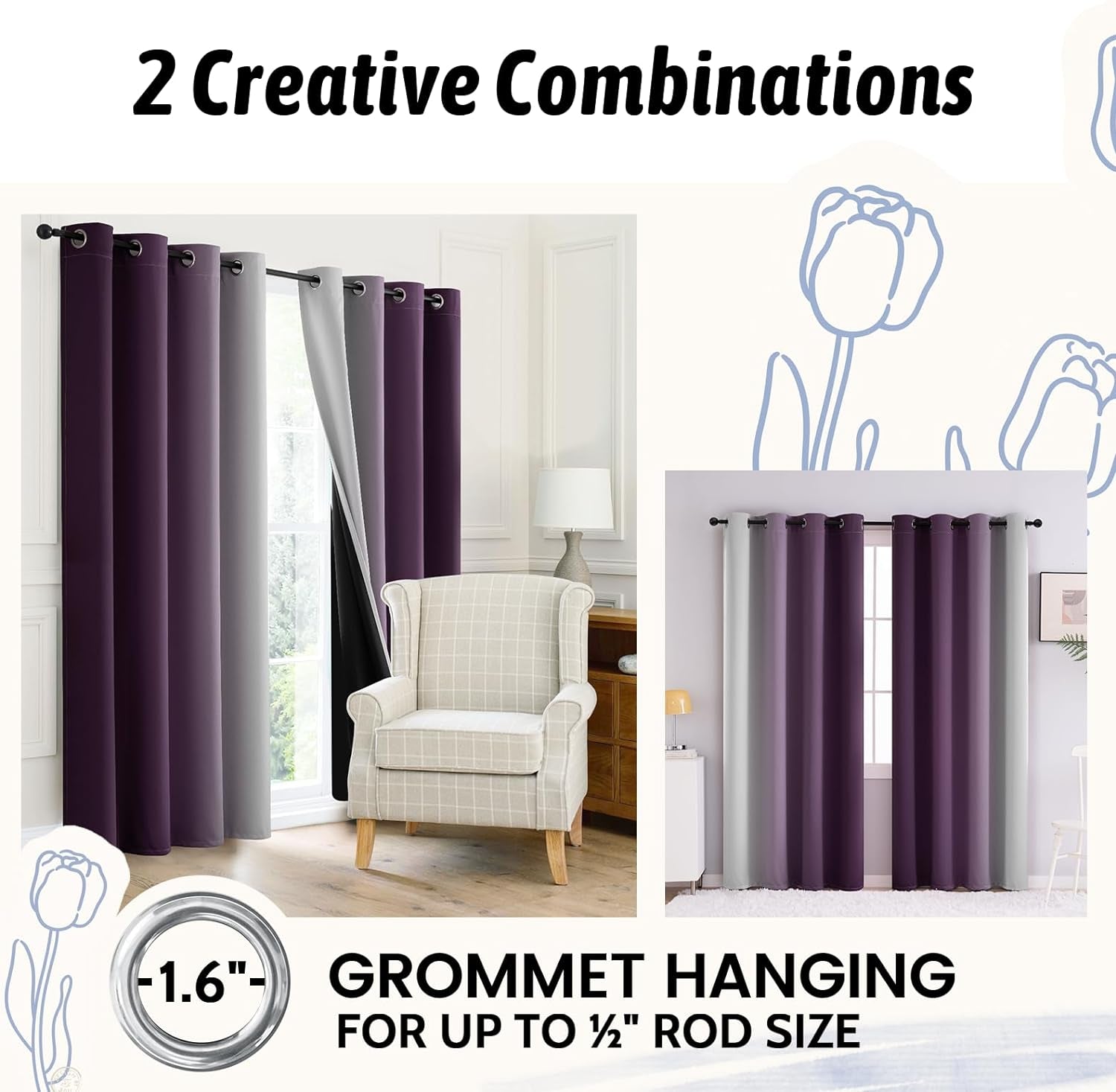 COSVIYA 100% Blackout Curtains & Drapes Ombre Purple Curtains 63 Inch Length 2 Panels,Full Room Darkening Grommet Gradient Insulated Thermal Window Curtains for Bedroom/Living Room,52X63 Inches  COSVIYA   