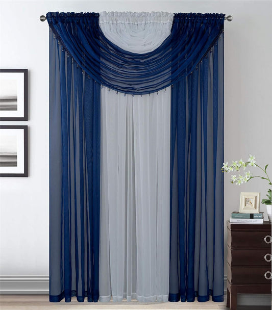 4 Panels with Attached Valance All-In-One Navy Blue White Sheer Rod Pocket Curtain Panel 84 Inches Long with Crystal Beads - Window Curtains for Bedroom, Living Room or Dinning Room