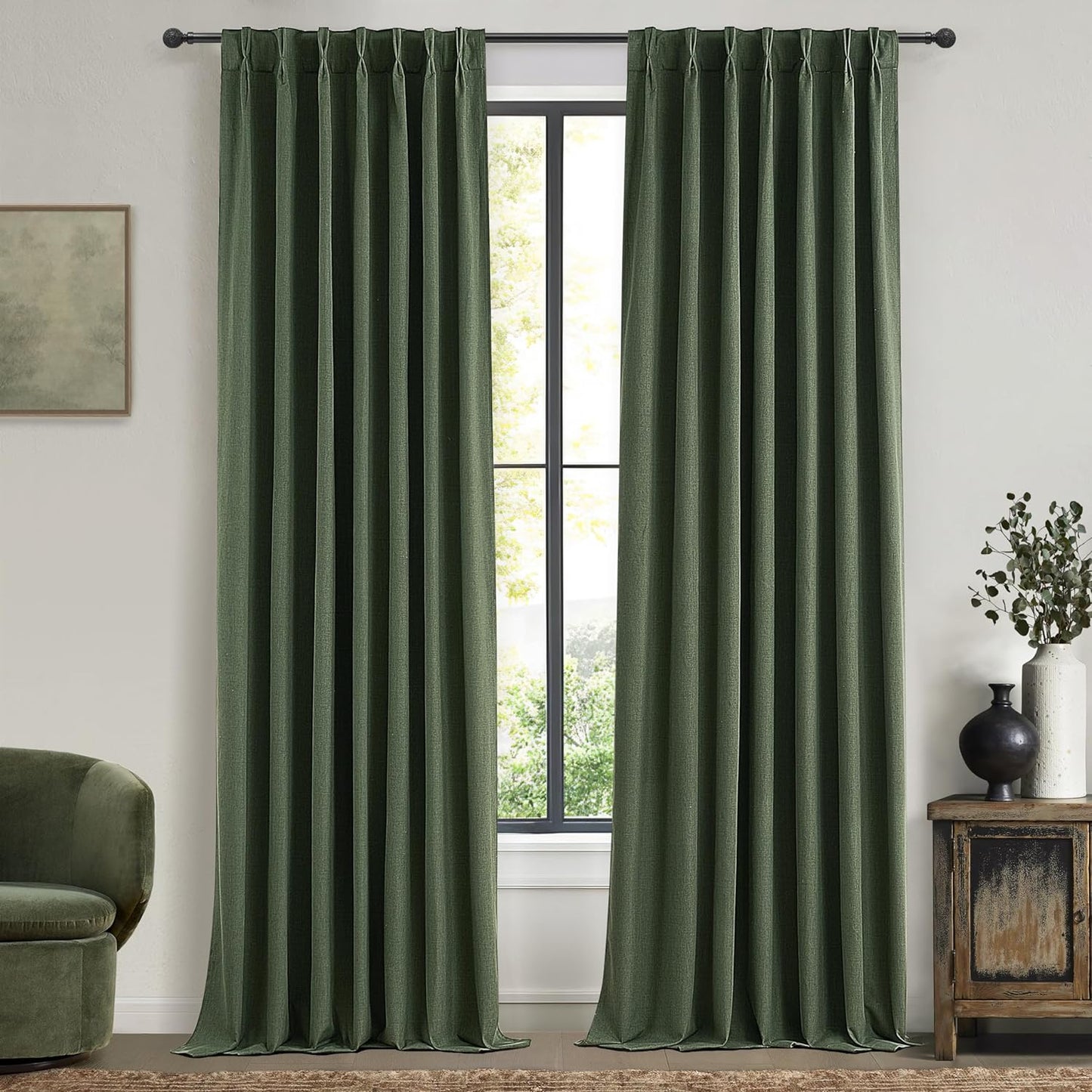 Natural Linen Pinch Pleated Blackout Curtains & Drapes 96 Inch Long Bedroom/Livingroom Farmhouse Curtains 2 Panel Sets, Neutral Track Room Darkening Thermal Insulated 8Ft Back Tab Window Curtain  QJmydeco Loden 40"W X 102"L X 2 Panels 