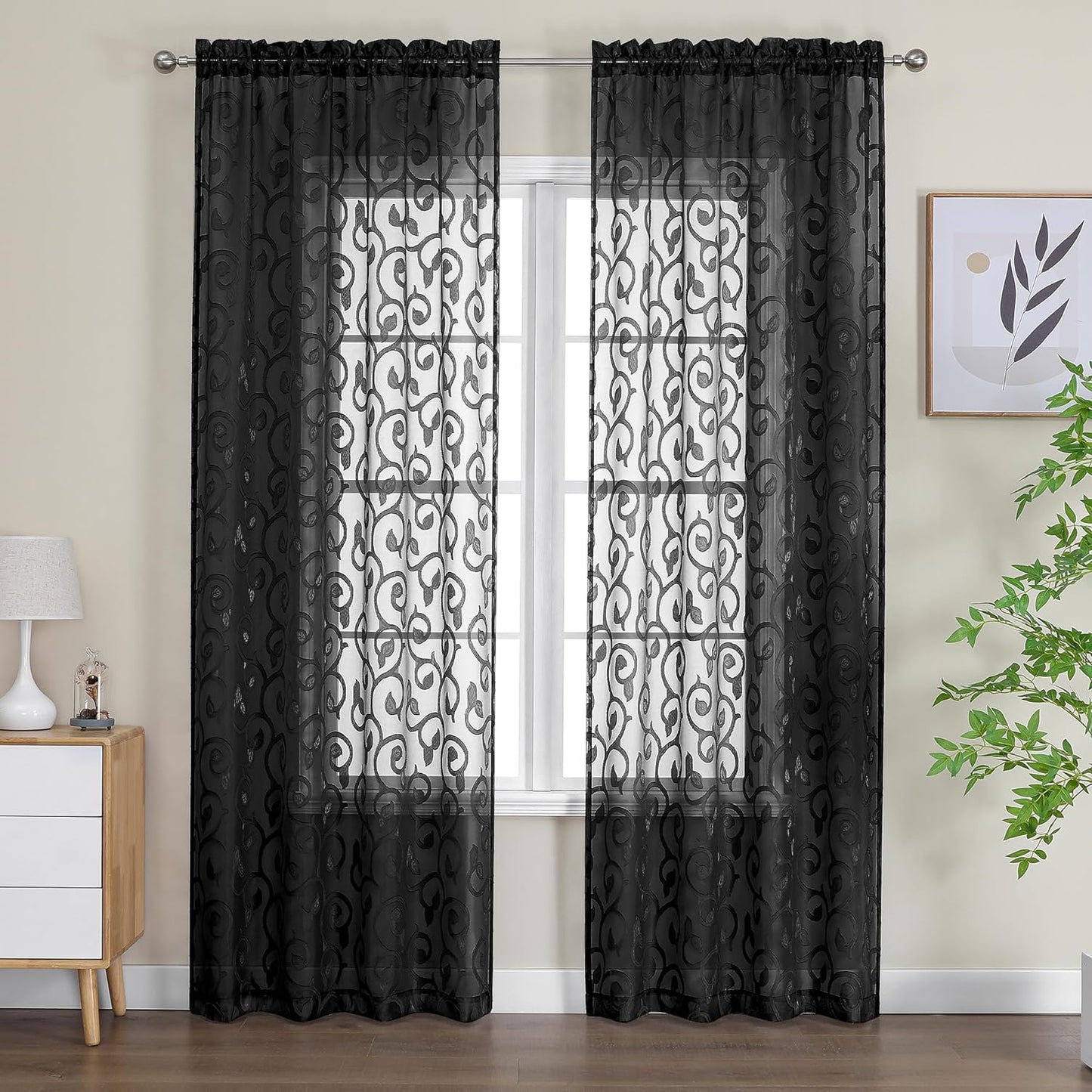 OWENIE Furman Sheer Curtains 84 Inches Long for Bedroom Living Room 2 Panels Set, Light Filtering Window Curtains, Semi Transparent Voile Top Dual Rod Pocket, Grey, 40Wx84L Inch, Total 84 Inches Width  OWENIE Black 40W X 96L 